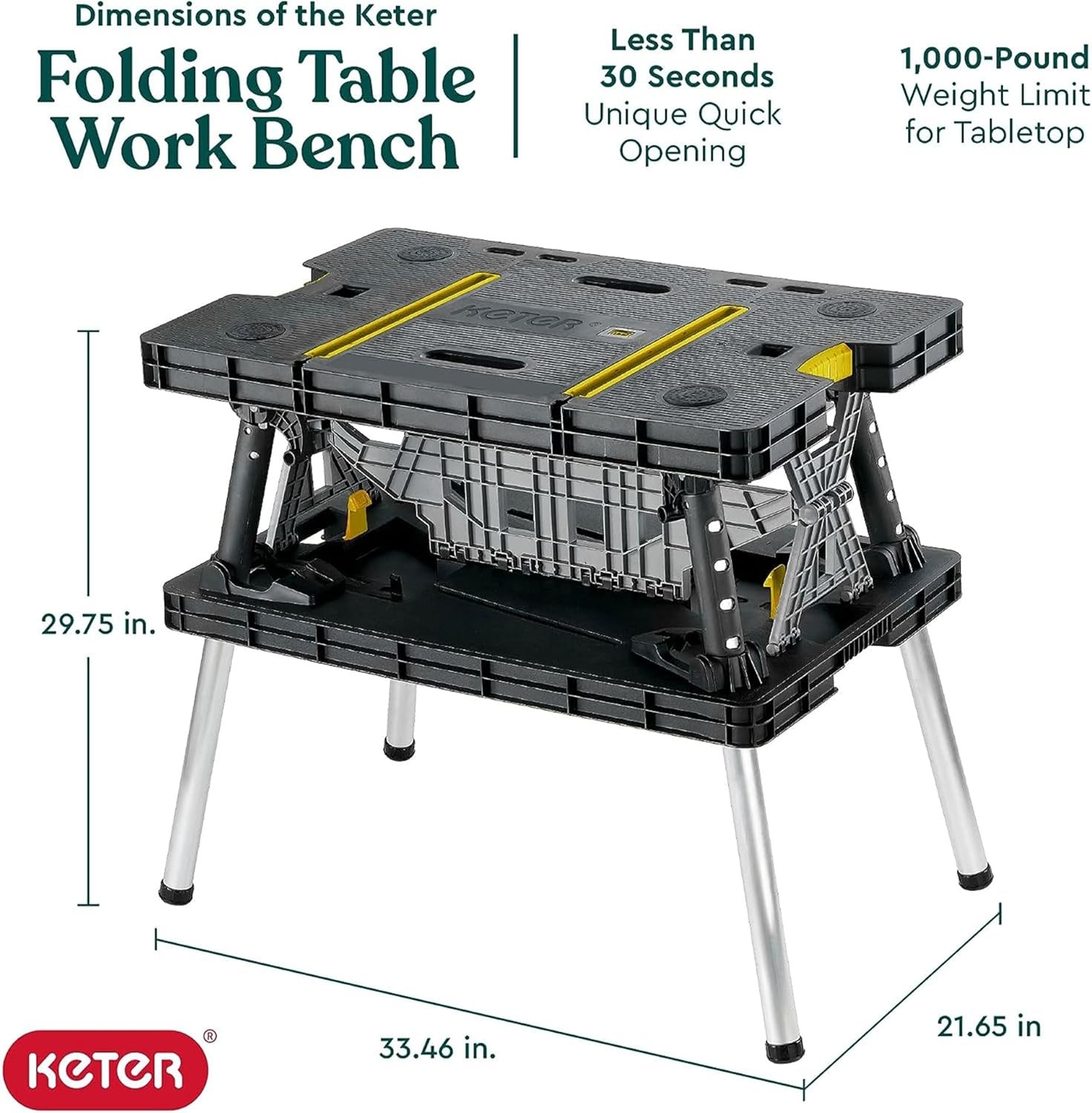 image:imageKeter HeavyDuty Folding Workbench with 1000 Pound Capacity Foldable Work Table for Garage Woodworking and Outdoor Workshop with 12 Inch Adjustable Clamps