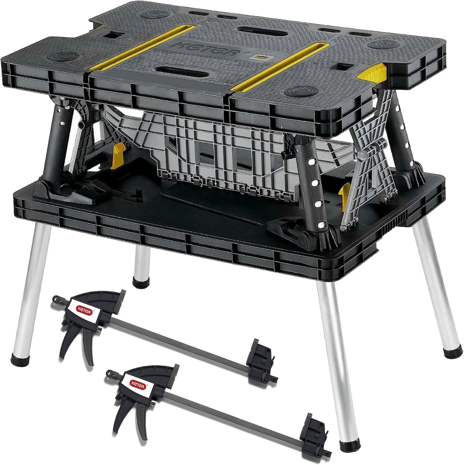 image:imageKeter HeavyDuty Folding Workbench with 1000 Pound Capacity Foldable Work Table for Garage Woodworking and Outdoor Workshop with 12 Inch Adjustable Clamps