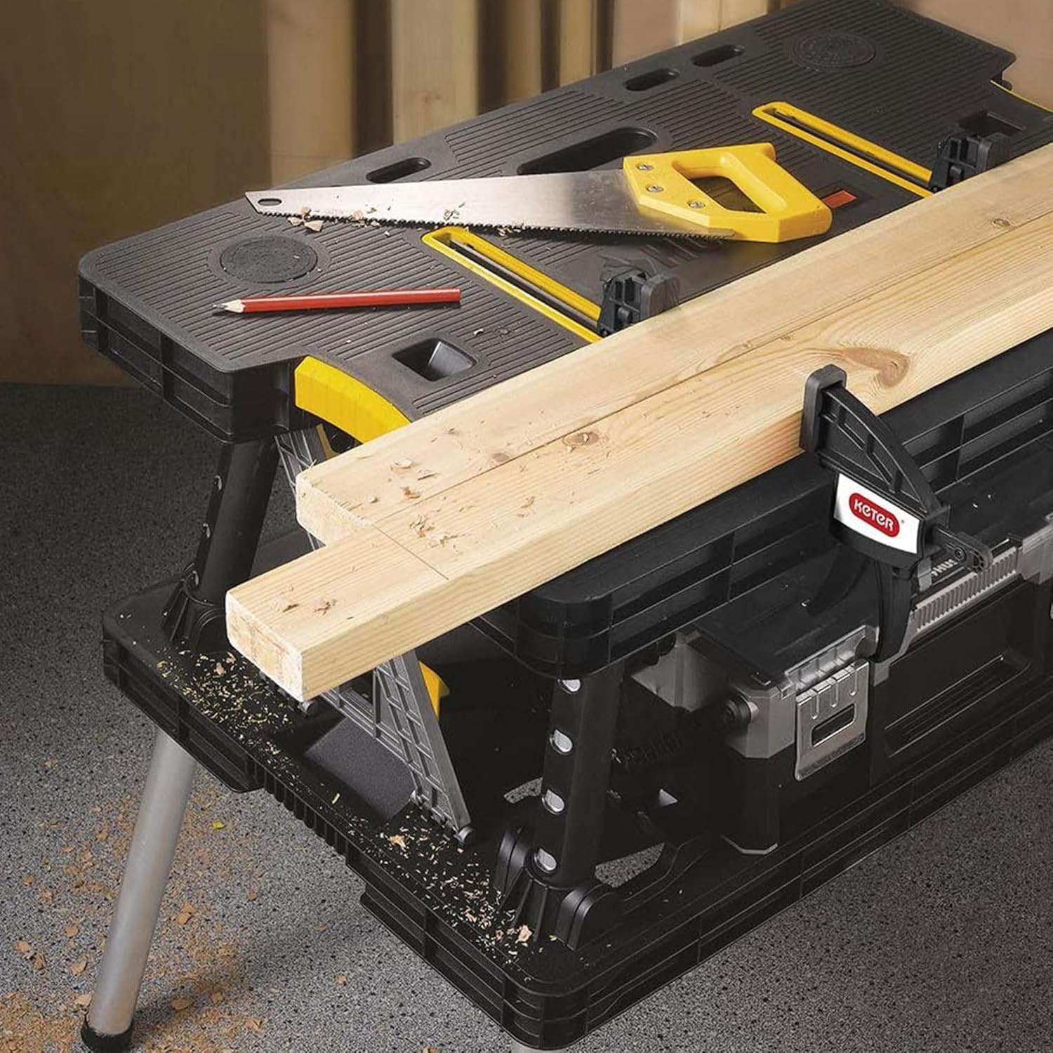 image:imageKeter HeavyDuty Folding Workbench with 1000 Pound Capacity Foldable Work Table for Garage Woodworking and Outdoor Workshop with 12 Inch Adjustable Clamps
