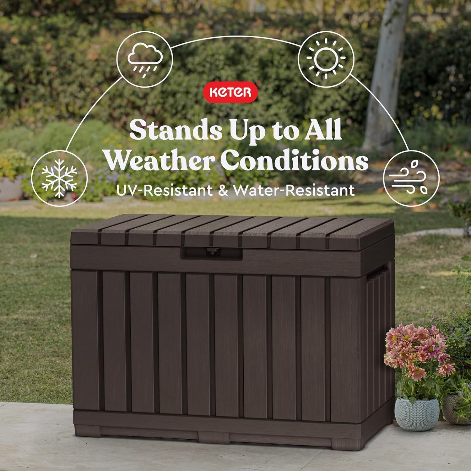 image:imageKeter Kentwood 50 Gallon Resin Deck BoxOrganization and Storage for Patio Cushions Throw Pillows and Garden Tools Dark GreyBrown