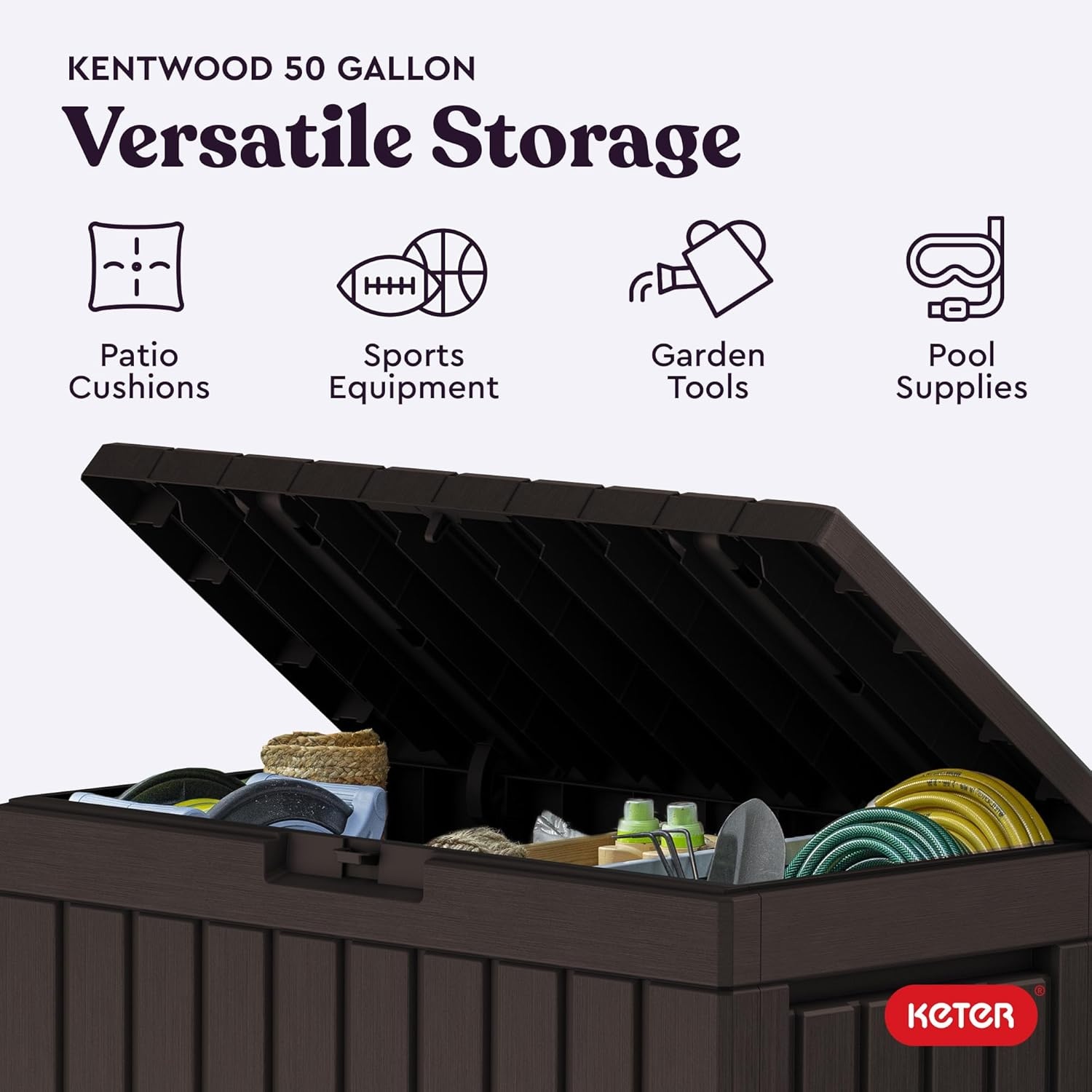 image:imageKeter Kentwood 50 Gallon Resin Deck BoxOrganization and Storage for Patio Cushions Throw Pillows and Garden Tools Dark GreyBrown
