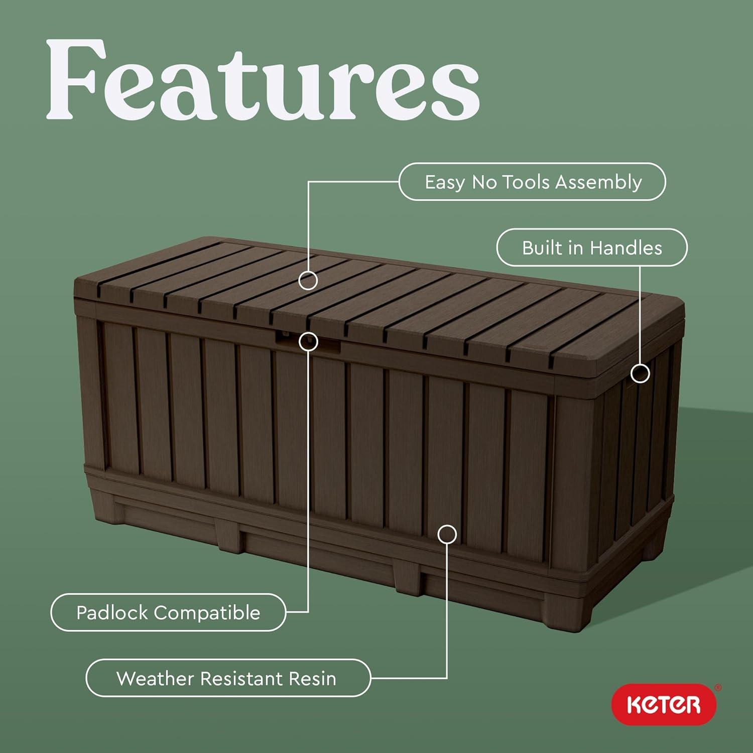 image:imageKeter Kentwood 92 Gallon Resin Deck BoxOrganization and Storage for Patio Furniture Outdoor Cushions Throw Pillows Garden Tools and Pool Floats Dark GreyBrown
