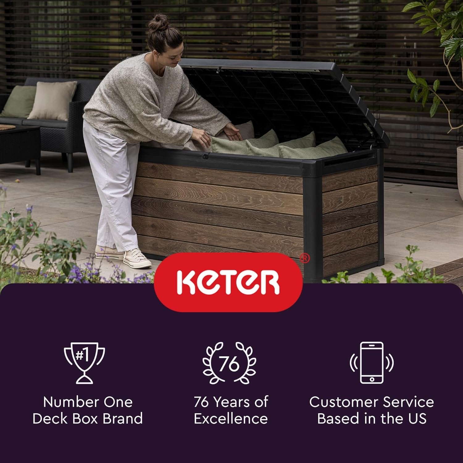 image:imageKeter Kentwood 92 Gallon Resin Deck BoxOrganization and Storage for Patio Furniture Outdoor Cushions Throw Pillows Garden Tools and Pool Floats Dark GreyBrown