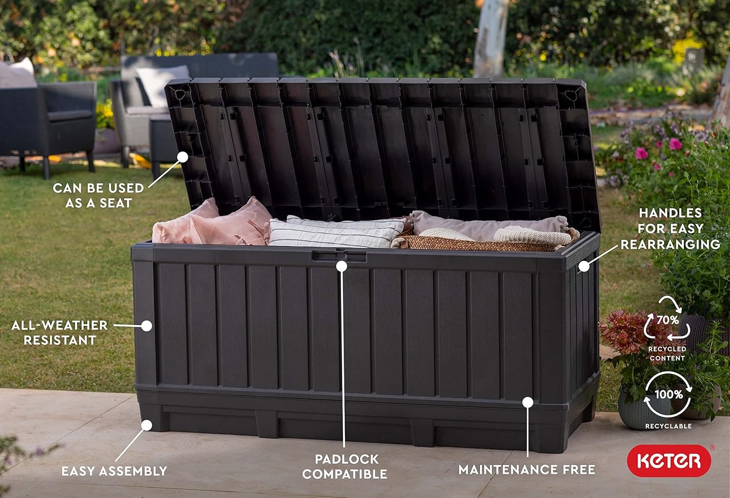 image:imageKeter Kentwood 92 Gallon Resin Deck BoxOrganization and Storage for Patio Furniture Outdoor Cushions Throw Pillows Garden Tools and Pool Floats Dark GreyDark Grey