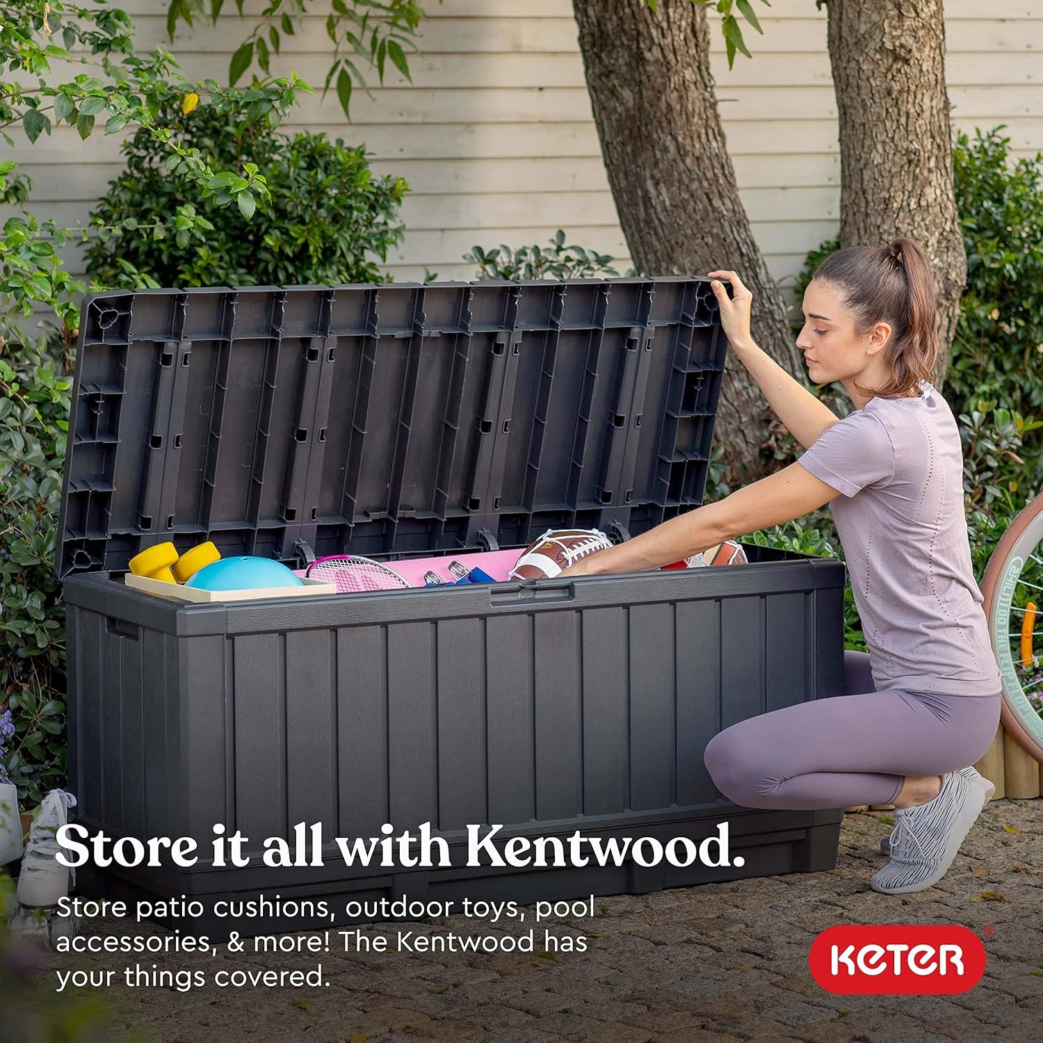 image:imageKeter Kentwood 92 Gallon Resin Deck BoxOrganization and Storage for Patio Furniture Outdoor Cushions Throw Pillows Garden Tools and Pool Floats Dark GreyDark Grey
