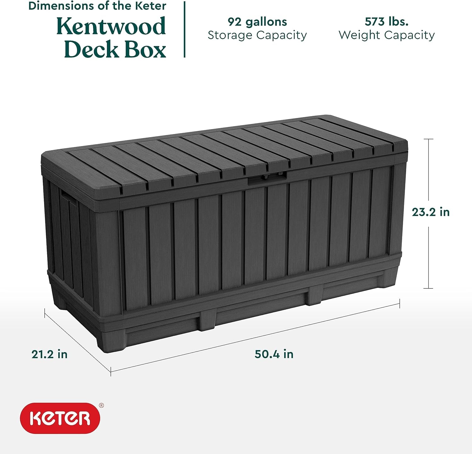 image:imageKeter Kentwood 92 Gallon Resin Deck BoxOrganization and Storage for Patio Furniture Outdoor Cushions Throw Pillows Garden Tools and Pool Floats Dark GreyDark Grey