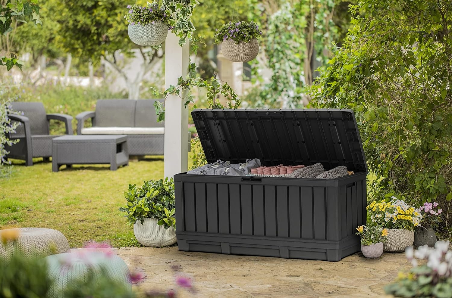 image:imageKeter Kentwood 92 Gallon Resin Deck BoxOrganization and Storage for Patio Furniture Outdoor Cushions Throw Pillows Garden Tools and Pool Floats Dark GreyDark Grey