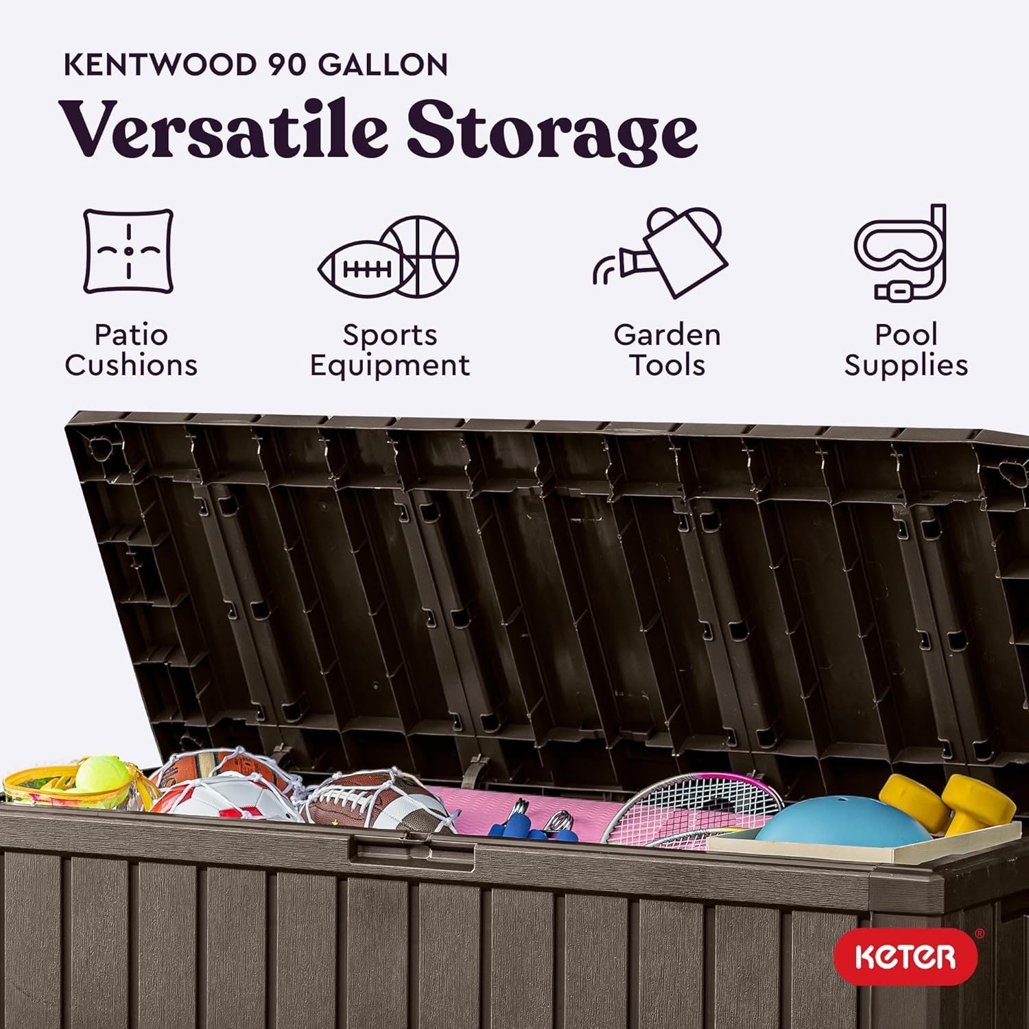 image:imageKeter Kentwood 92 Gallon Resin Deck BoxOrganization and Storage for Patio Furniture Outdoor Cushions Throw Pillows Garden Tools and Pool Floats Dark GreyBrown