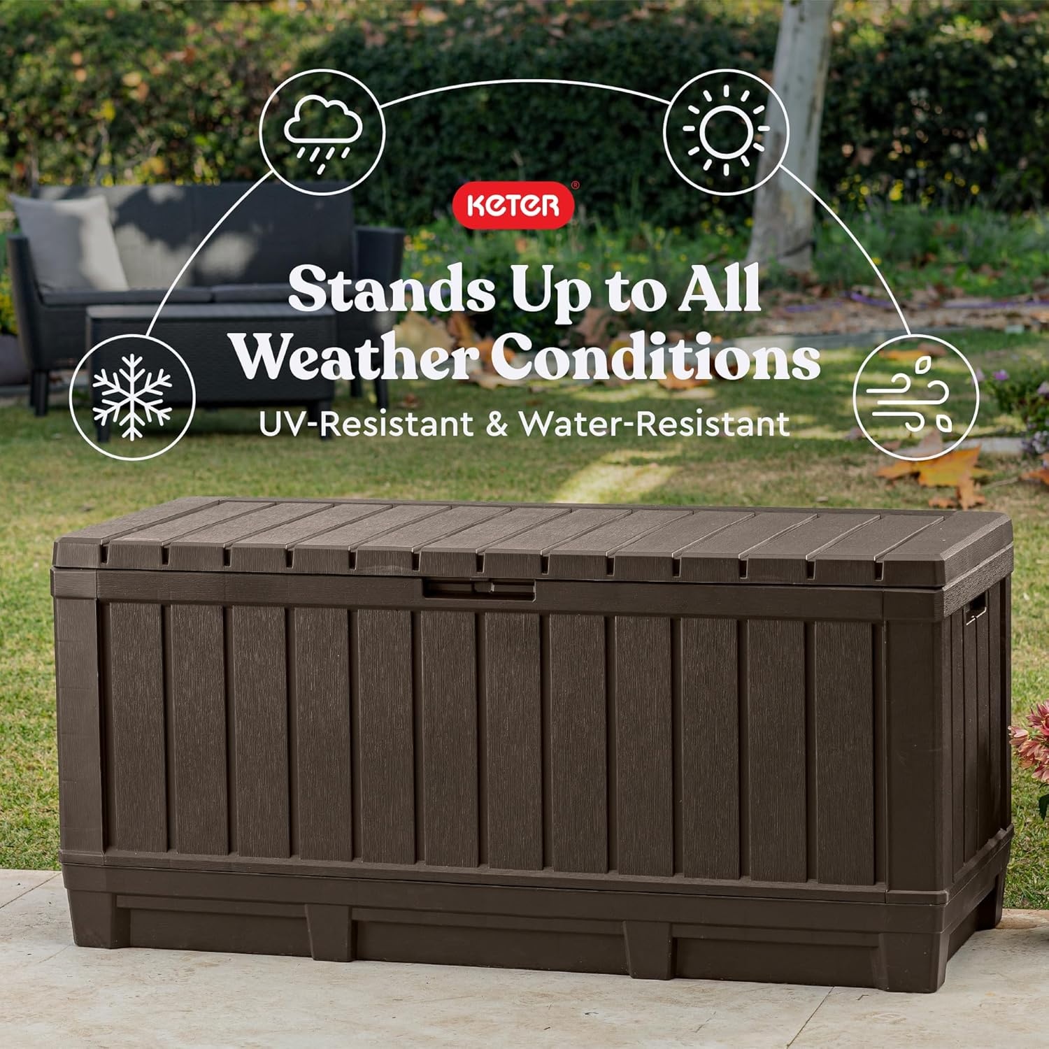 image:imageKeter Kentwood 92 Gallon Resin Deck BoxOrganization and Storage for Patio Furniture Outdoor Cushions Throw Pillows Garden Tools and Pool Floats Dark GreyBrown