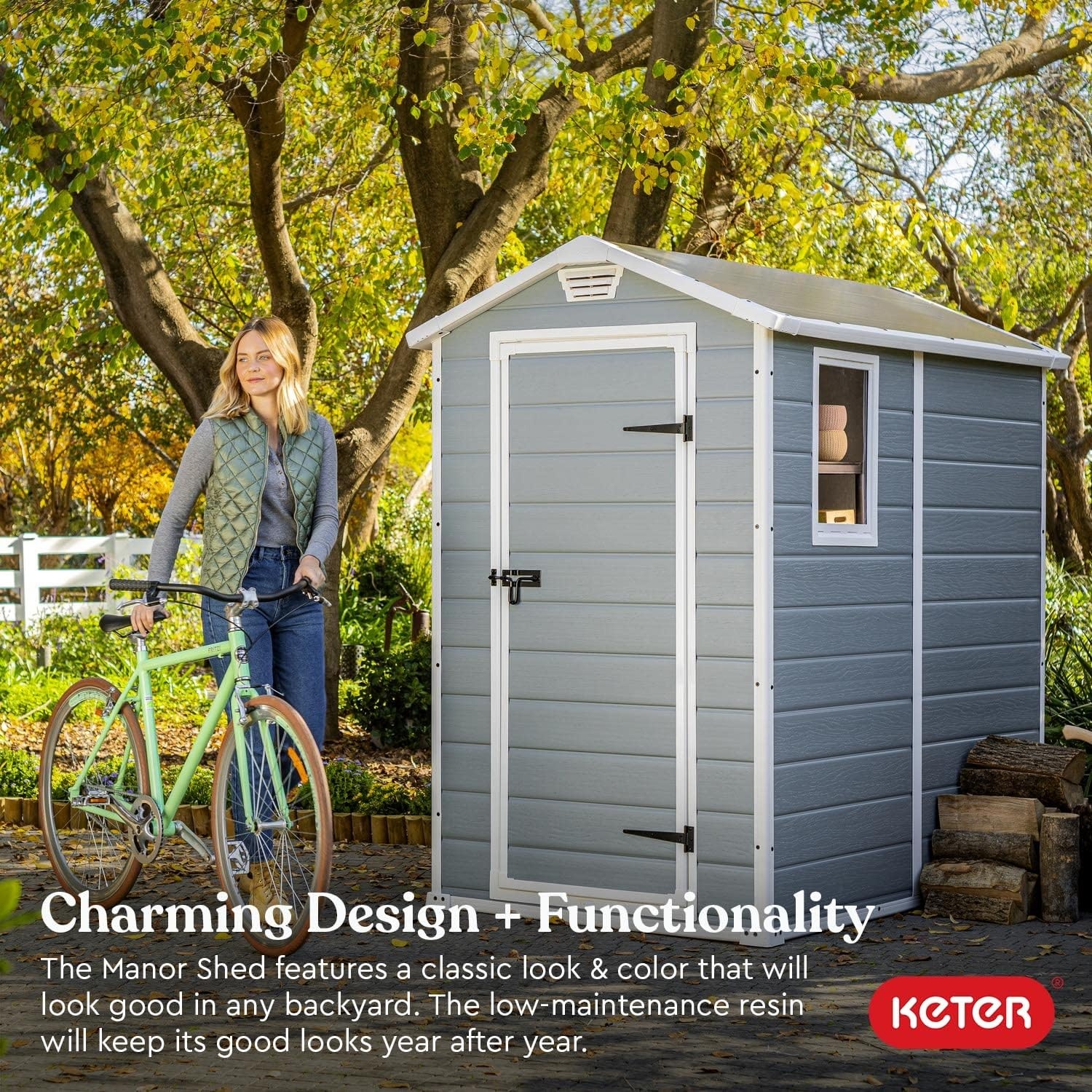 image:imageKeter Manor 4x6 Resin Outdoor Storage Shed KitPerfect to Store Patio Furniture Garden Tools Bike Accessories Beach Chairs and Lawn Mower Grey amp White