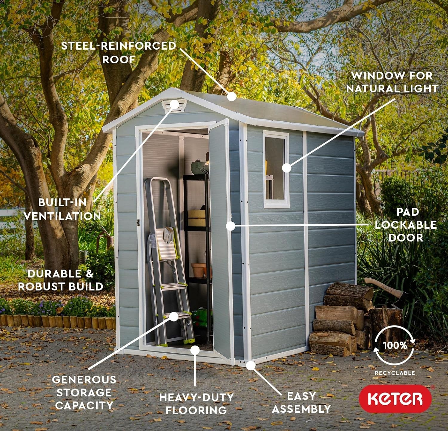 image:imageKeter Manor 4x6 Resin Outdoor Storage Shed KitPerfect to Store Patio Furniture Garden Tools Bike Accessories Beach Chairs and Lawn Mower Grey amp White