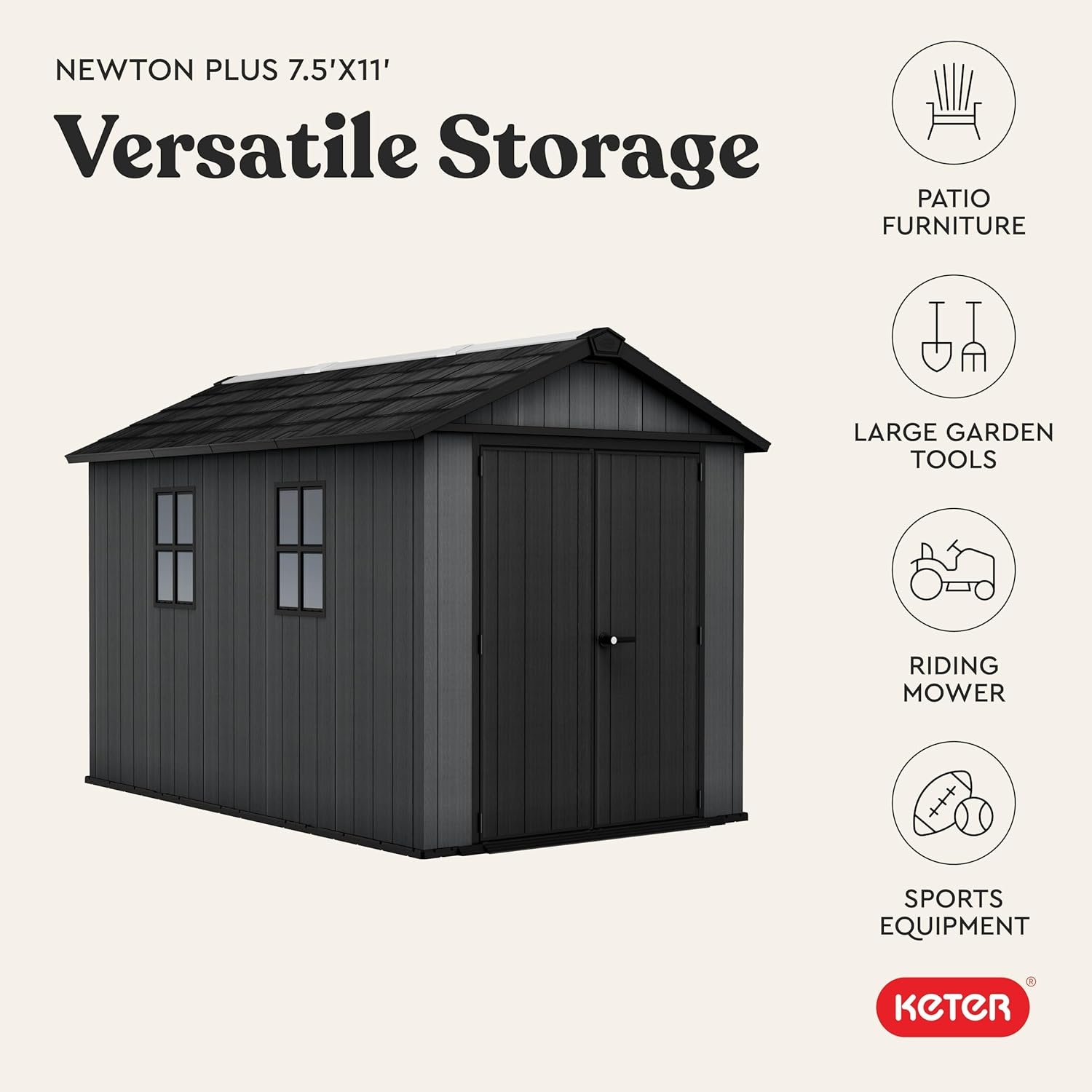 image:imageKeter Newton Plus 75x7 Ft AllWeather Storage Shed with Skylight Window Builtin Ventilation Customizable Walls amp Lockable Double Doors Graphite75x11