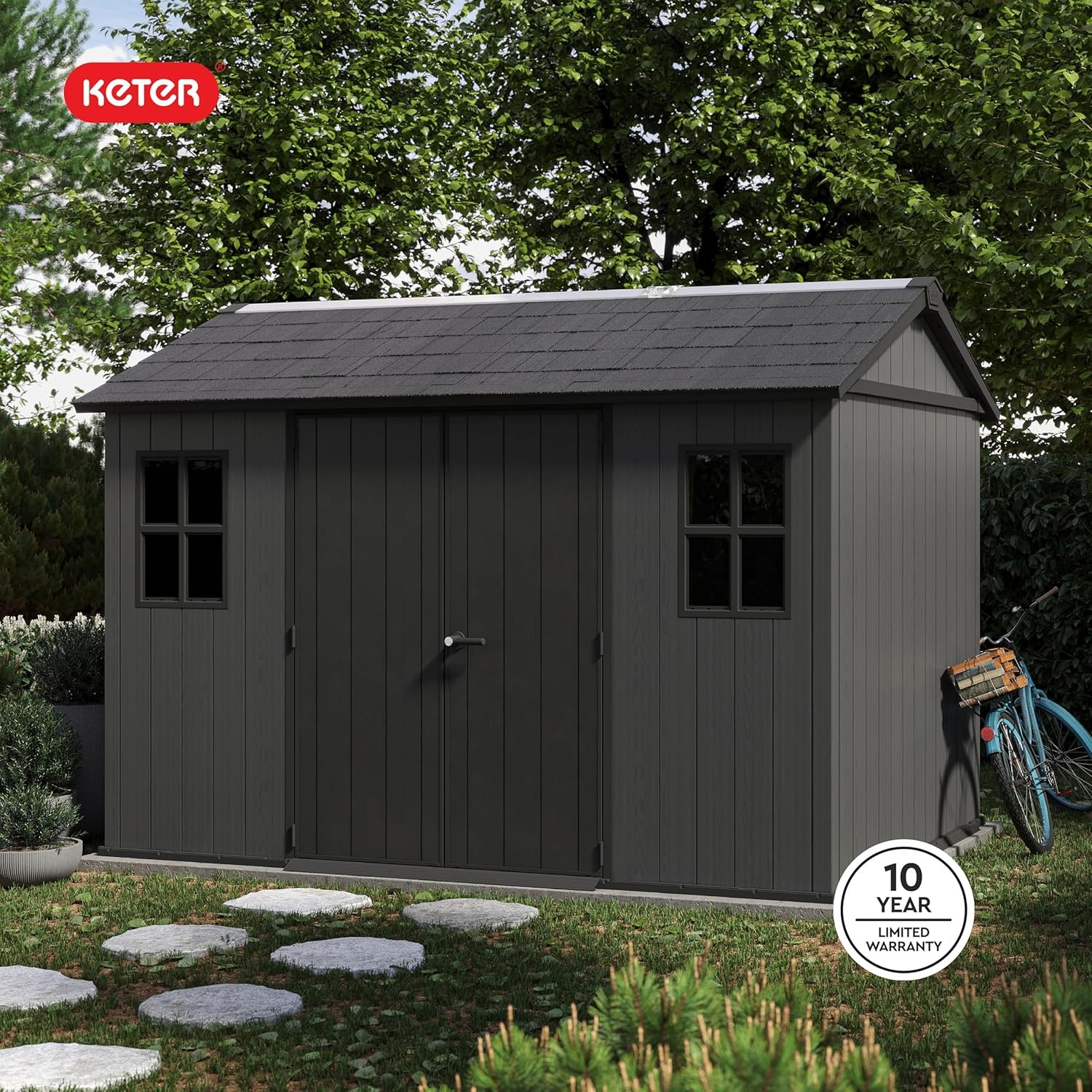 image:imageKeter Newton Plus 75x7 Ft AllWeather Storage Shed with Skylight Window Builtin Ventilation Customizable Walls amp Lockable Double Doors Graphite75x11