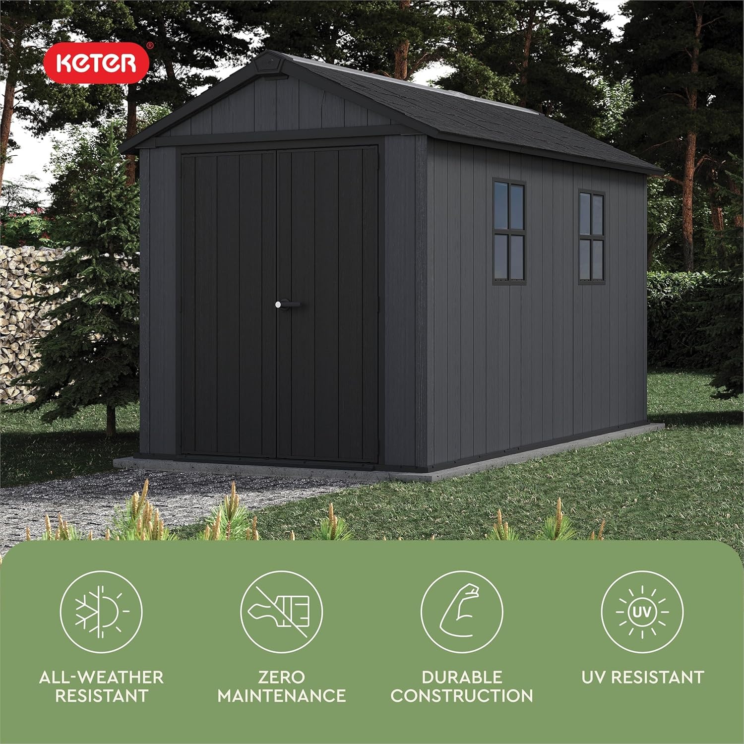 image:imageKeter Newton Plus 75x7 Ft AllWeather Storage Shed with Skylight Window Builtin Ventilation Customizable Walls amp Lockable Double Doors Graphite75x11