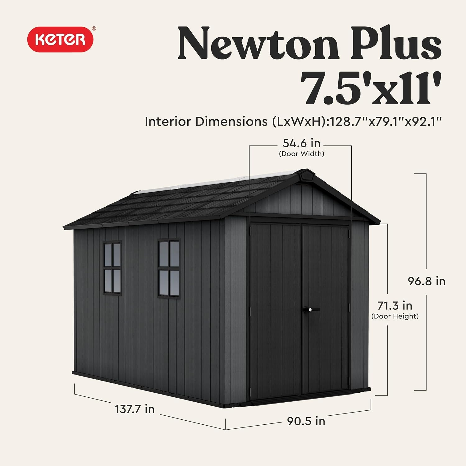 image:imageKeter Newton Plus 75x7 Ft AllWeather Storage Shed with Skylight Window Builtin Ventilation Customizable Walls amp Lockable Double Doors Graphite75x11