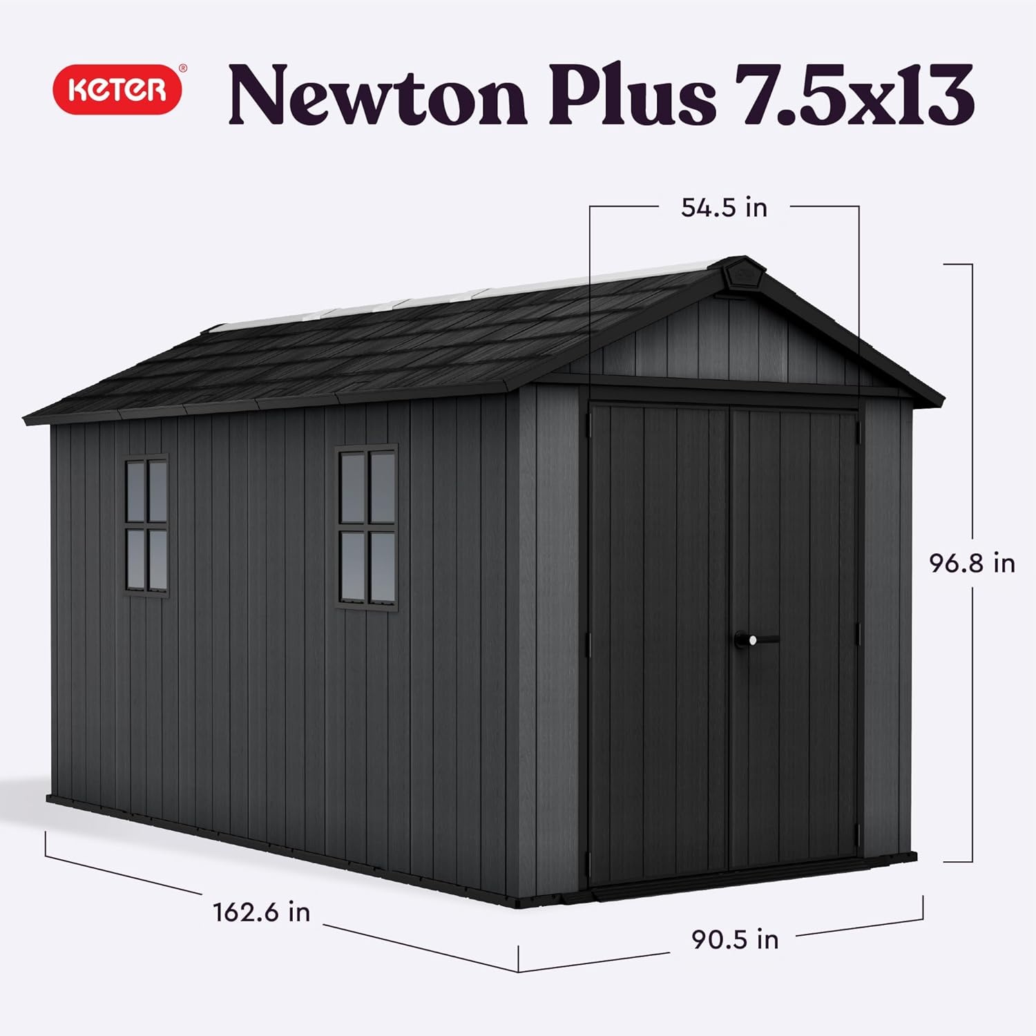 image:imageKeter Newton Plus 75x7 Ft AllWeather Storage Shed with Skylight Window Builtin Ventilation Customizable Walls amp Lockable Double Doors Graphite75x13