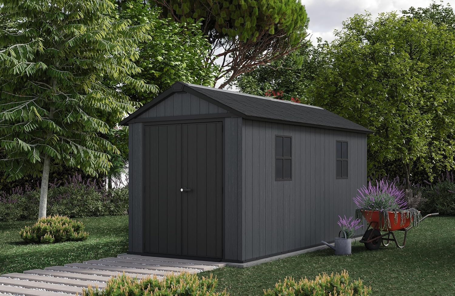 image:imageKeter Newton Plus 75x7 Ft AllWeather Storage Shed with Skylight Window Builtin Ventilation Customizable Walls amp Lockable Double Doors Graphite75x13