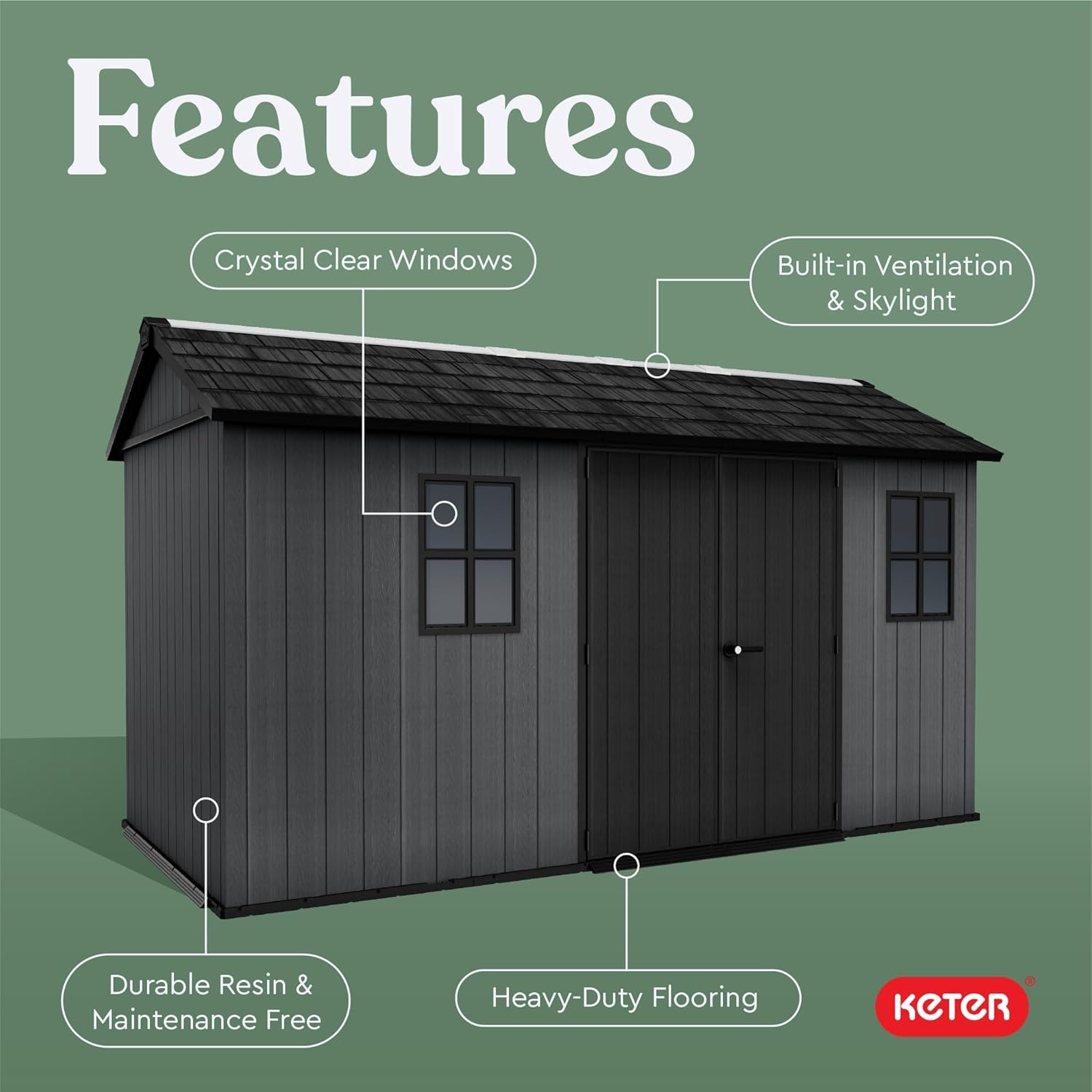 image:imageKeter Newton Plus 75x7 Ft AllWeather Storage Shed with Skylight Window Builtin Ventilation Customizable Walls amp Lockable Double Doors Graphite75x13