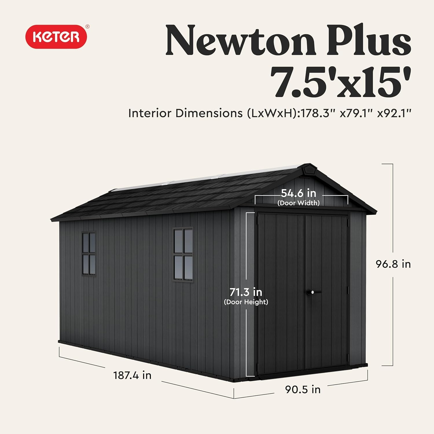 image:imageKeter Newton Plus 75x7 Ft AllWeather Storage Shed with Skylight Window Builtin Ventilation Customizable Walls amp Lockable Double Doors Graphite75x15