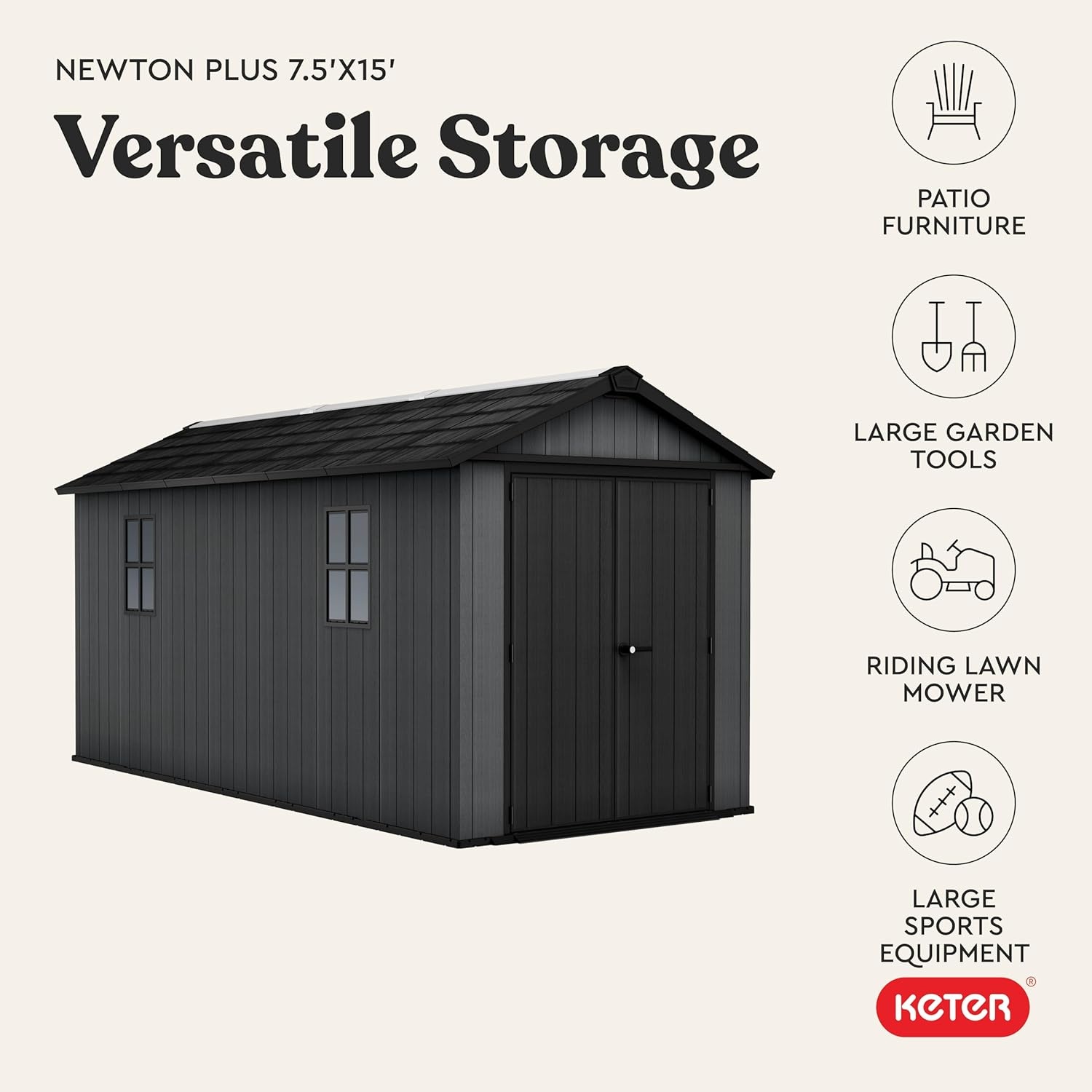 image:imageKeter Newton Plus 75x7 Ft AllWeather Storage Shed with Skylight Window Builtin Ventilation Customizable Walls amp Lockable Double Doors Graphite75x15
