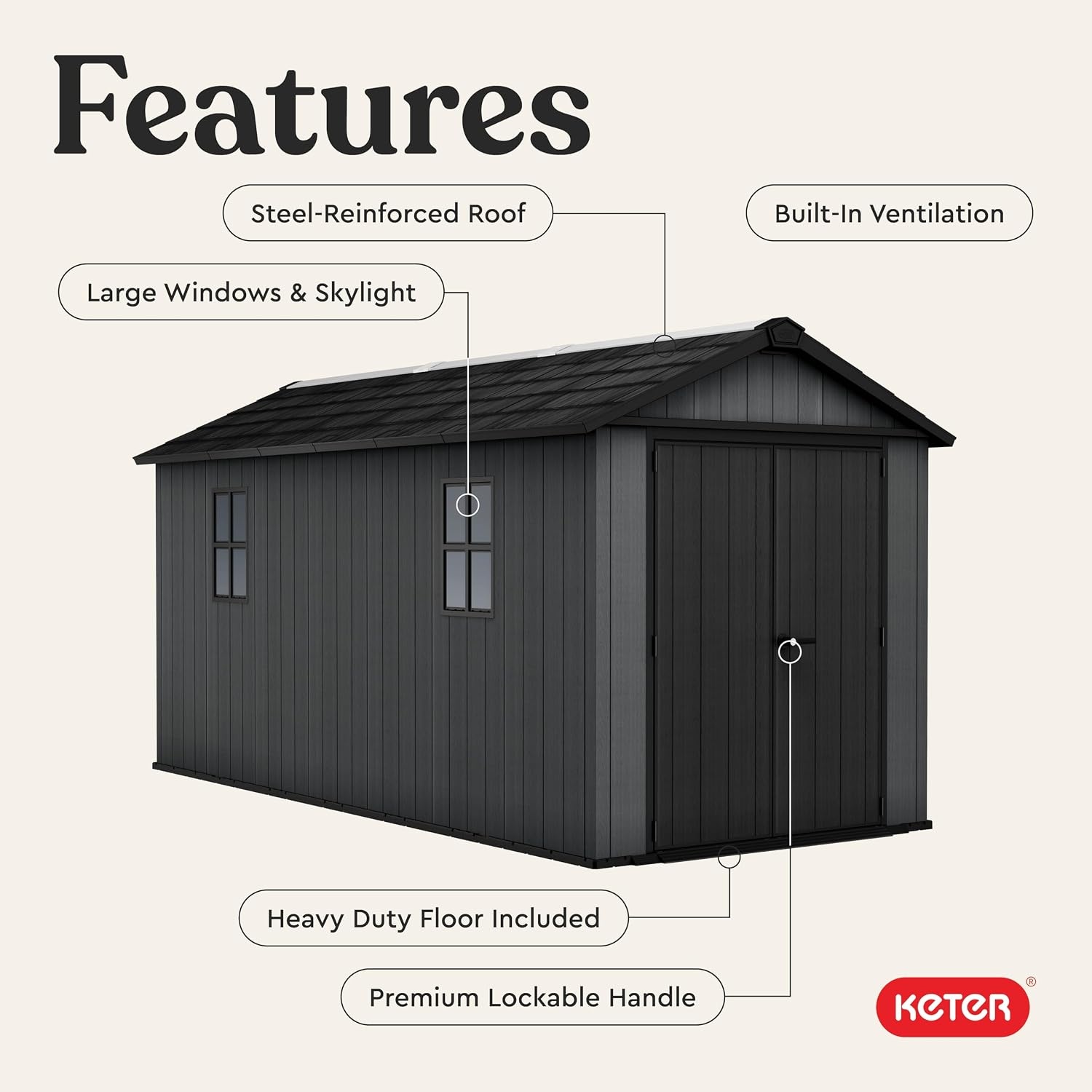 image:imageKeter Newton Plus 75x7 Ft AllWeather Storage Shed with Skylight Window Builtin Ventilation Customizable Walls amp Lockable Double Doors Graphite75x15