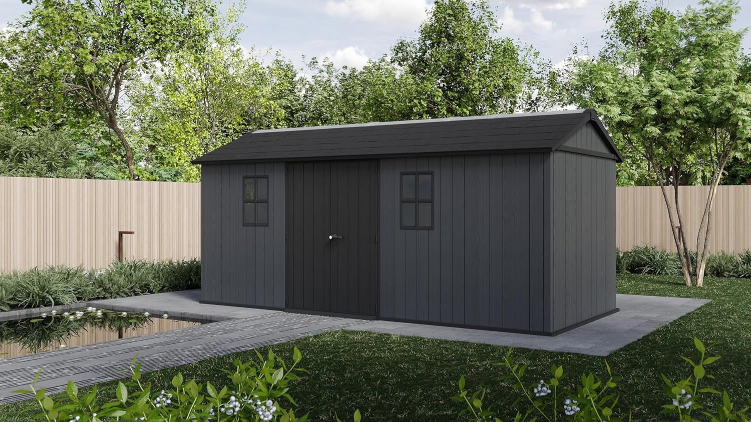 image:imageKeter Newton Plus 75x7 Ft AllWeather Storage Shed with Skylight Window Builtin Ventilation Customizable Walls amp Lockable Double Doors Graphite75x17