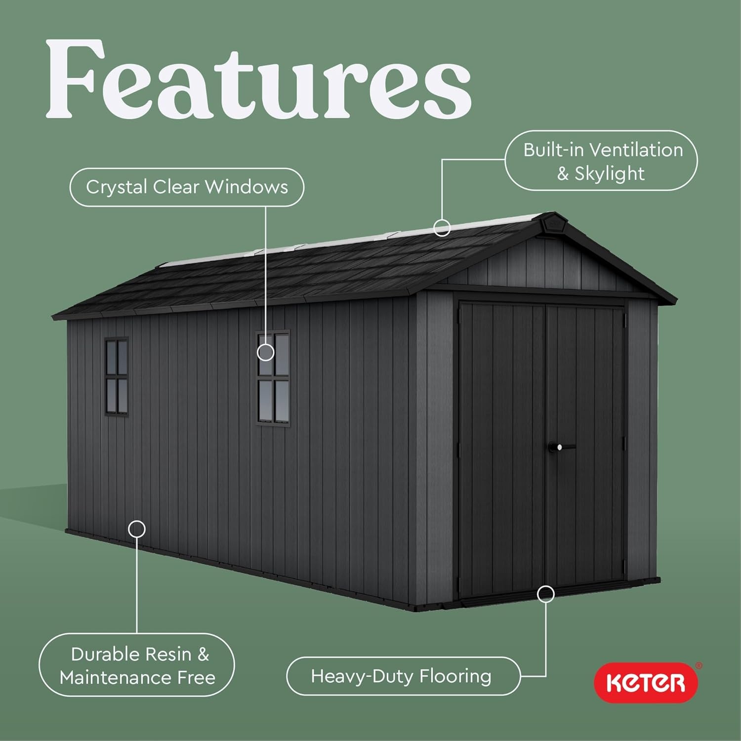 image:imageKeter Newton Plus 75x7 Ft AllWeather Storage Shed with Skylight Window Builtin Ventilation Customizable Walls amp Lockable Double Doors Graphite75x17