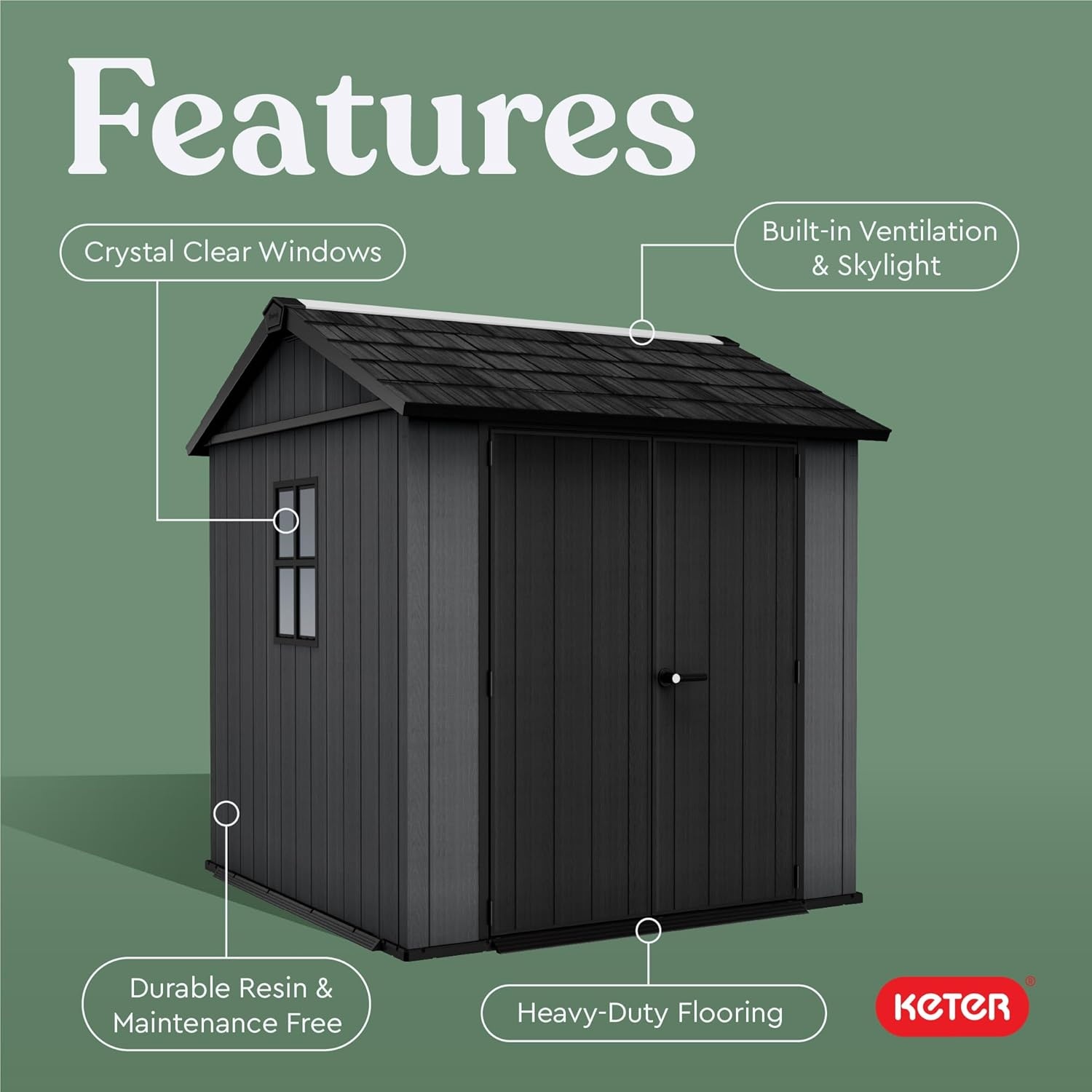 image:imageKeter Newton Plus 75x7 Ft AllWeather Storage Shed with Skylight Window Builtin Ventilation Customizable Walls amp Lockable Double Doors Graphite75x7