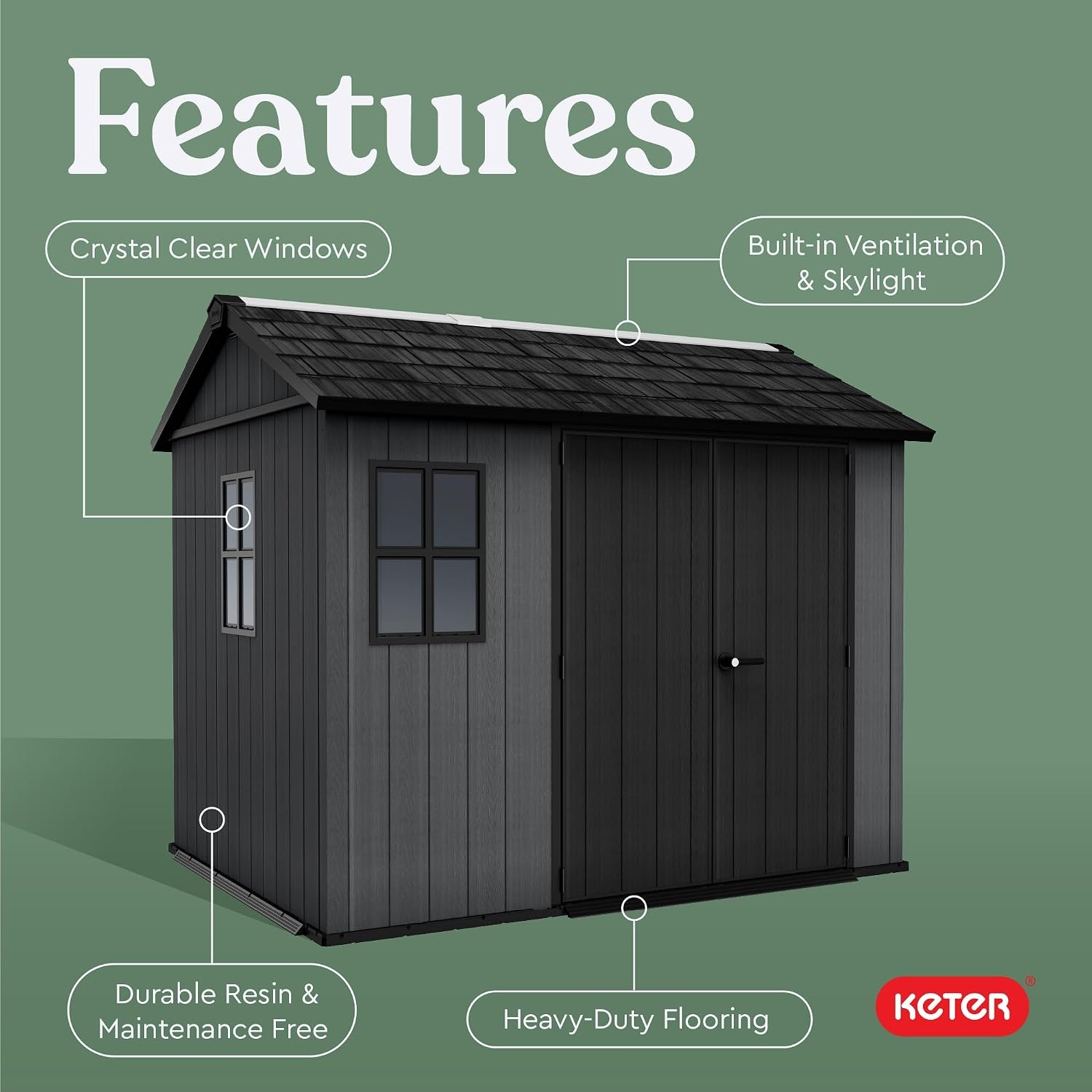 image:imageKeter Newton Plus 75x7 Ft AllWeather Storage Shed with Skylight Window Builtin Ventilation Customizable Walls amp Lockable Double Doors Graphite75x9