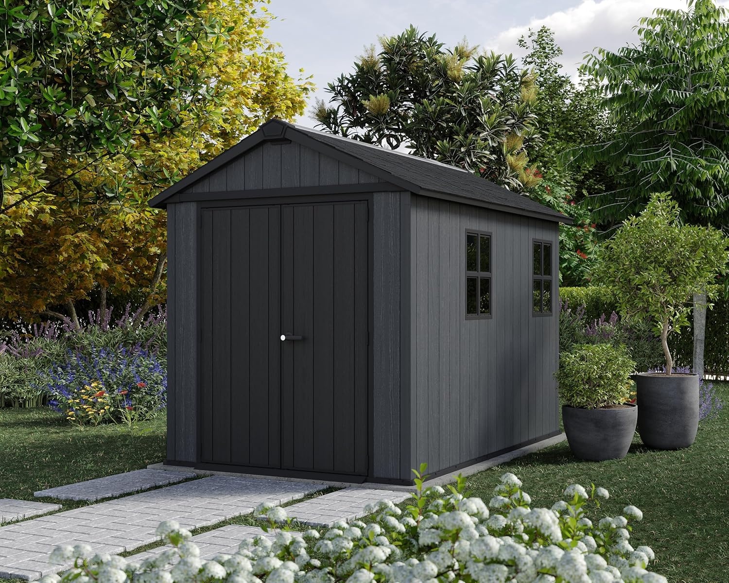image:imageKeter Newton Plus 75x7 Ft AllWeather Storage Shed with Skylight Window Builtin Ventilation Customizable Walls amp Lockable Double Doors Graphite75x9