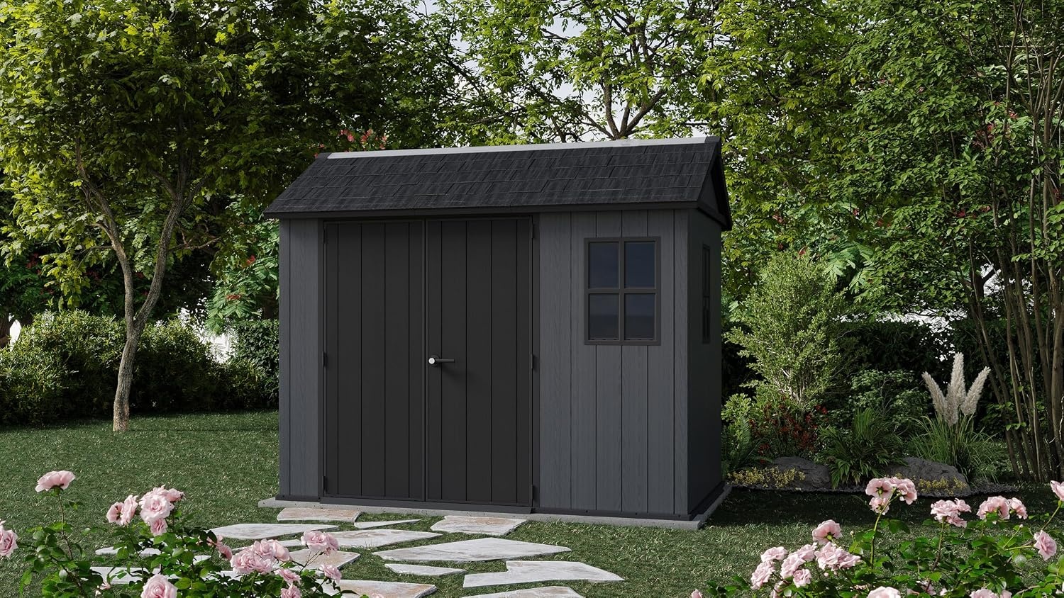 image:imageKeter Newton Plus 75x7 Ft AllWeather Storage Shed with Skylight Window Builtin Ventilation Customizable Walls amp Lockable Double Doors Graphite75x9