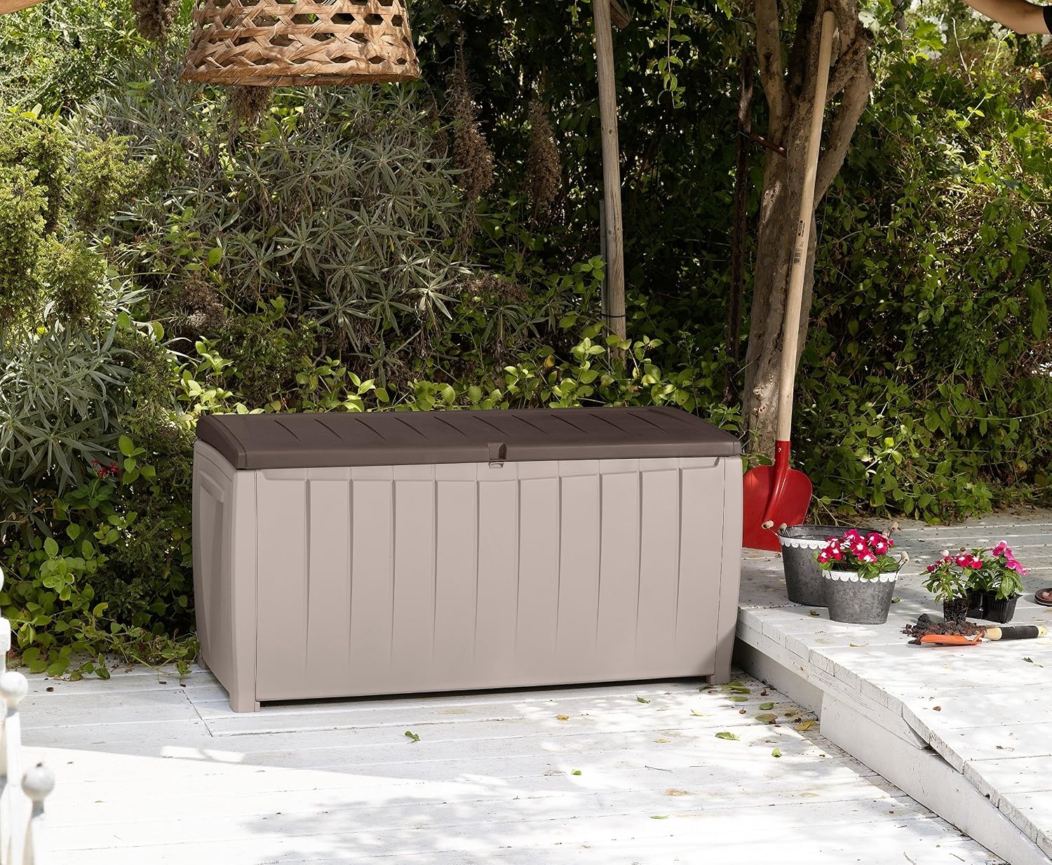 image:imageKeter Novel Plastic Deck Storage Container Box Outdoor Patio Furniture 90 Gal BrownBeigeBrown