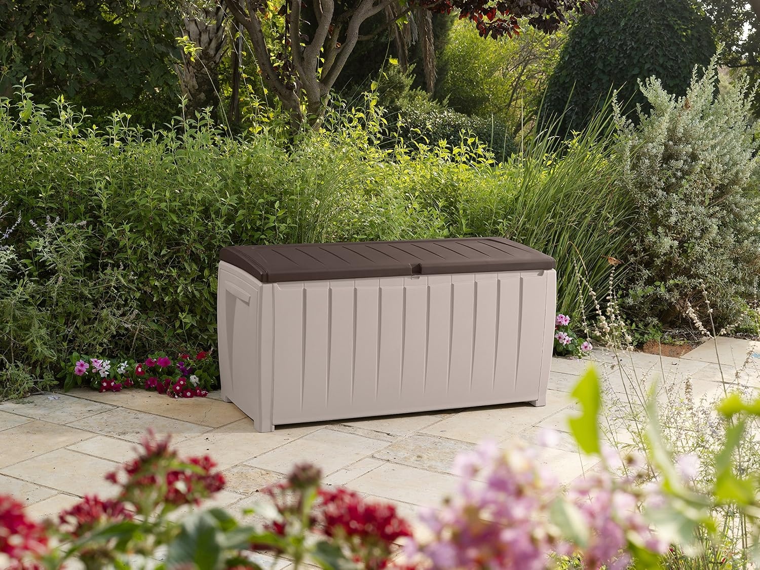 image:imageKeter Novel Plastic Deck Storage Container Box Outdoor Patio Furniture 90 Gal BrownBeigeBrown