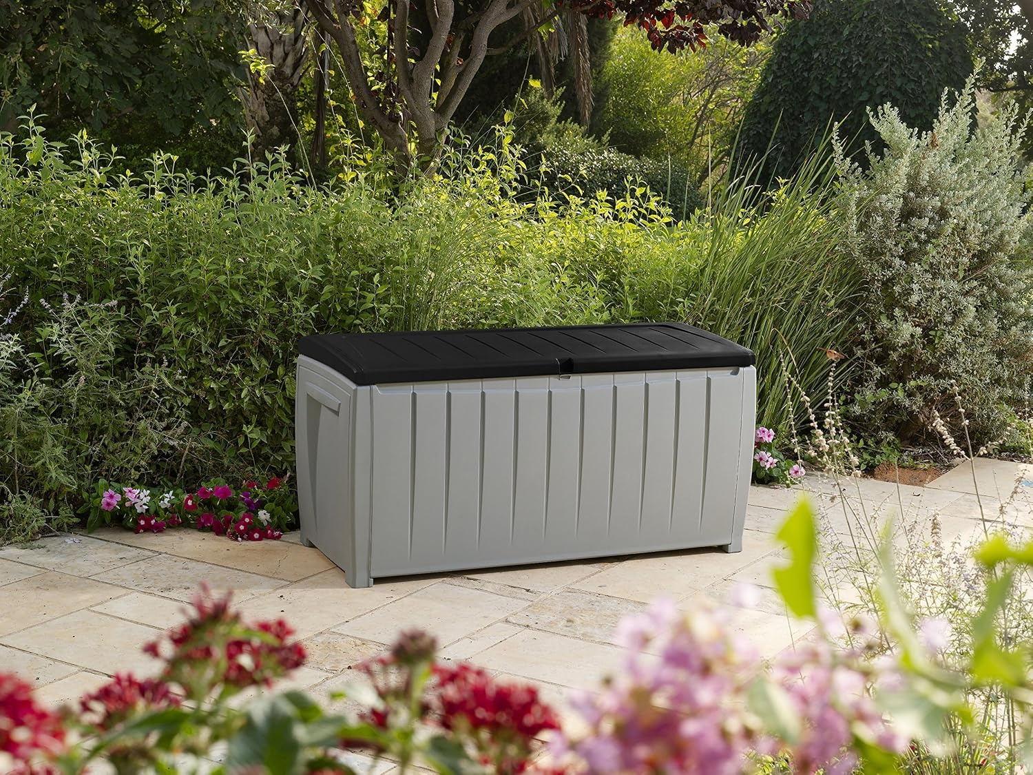 image:imageKeter Novel Plastic Deck Storage Container Box Outdoor Patio Furniture 90 Gal BrownGreyBlack