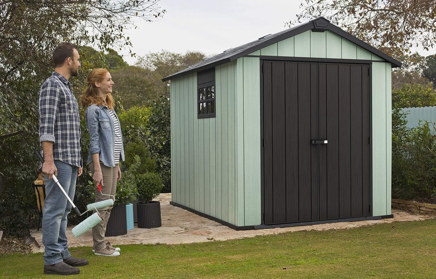 image:imageKeter Oakland 75x7 Foot Large Resin Outdoor Shed with Customizable Walls for Lawn Mower and Bike Storage 75 x 7 GreyGray