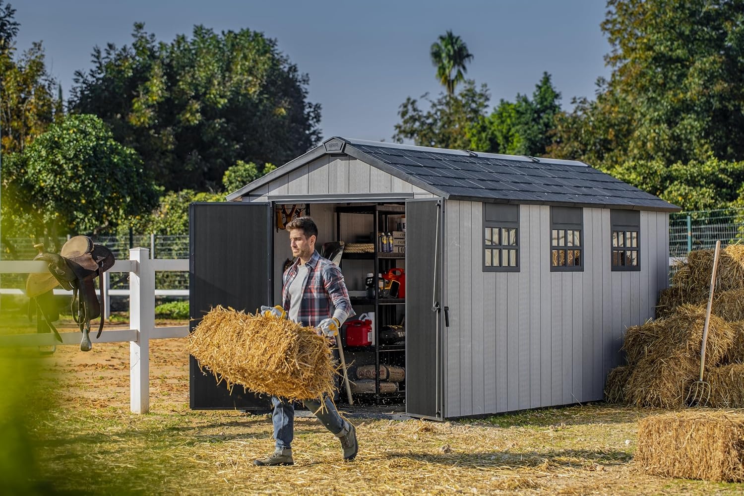 image:imageKeter Oakland Extension 75x15 Ft AllWeather Storage Shed with Skylight Window Builtin Ventilation Customizable Walls amp Lockable Double Doors Grey