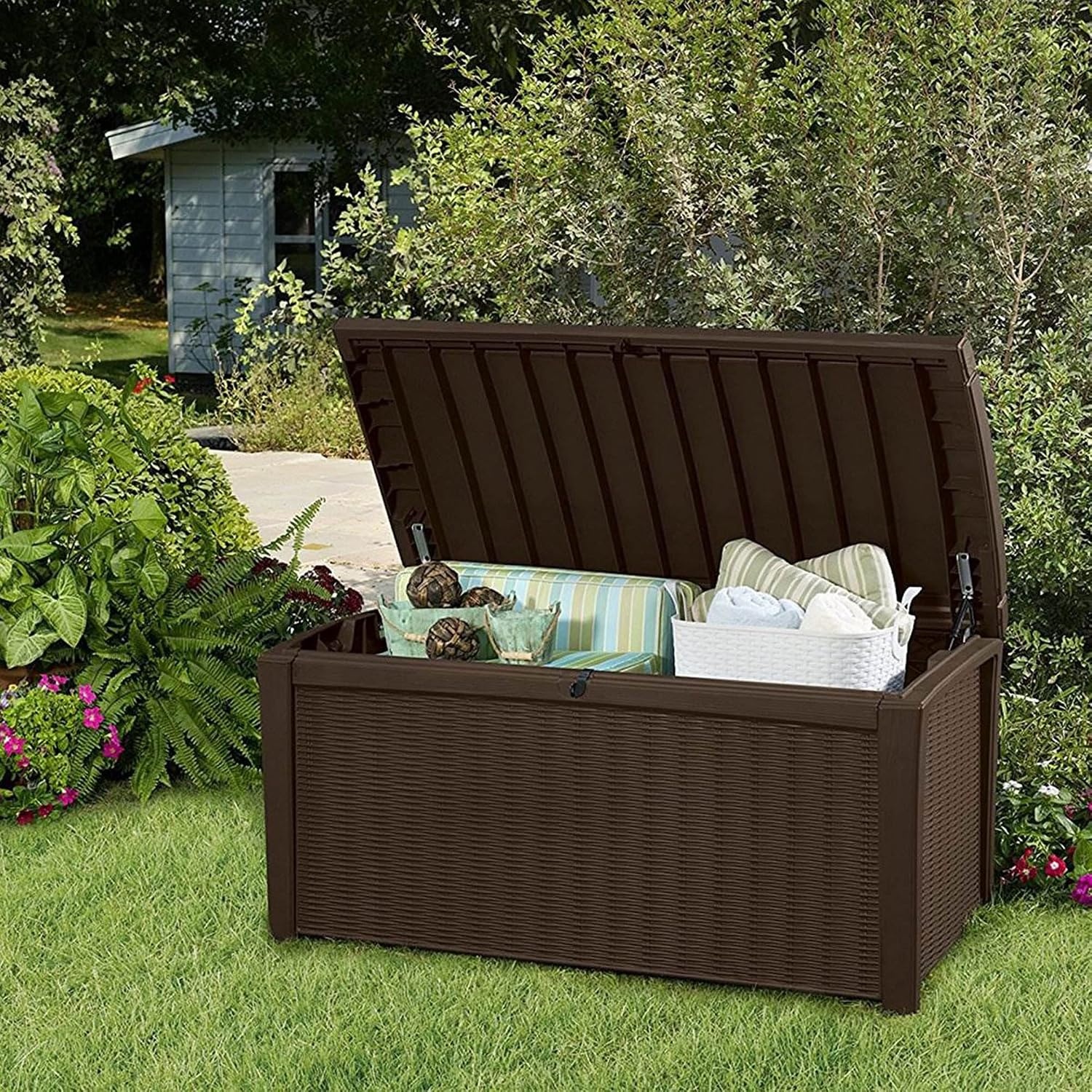 image:imageKeter Outdoor Storage Deck Box for Patio Backyard amp Garden Borneo 110 Gal Grey Lockable Organizing and Waterproof Plastic Container BenchBrown