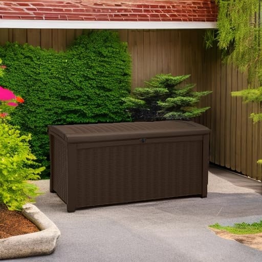 image:imageKeter Outdoor Storage Deck Box for Patio Backyard amp Garden Borneo 110 Gal Grey Lockable Organizing and Waterproof Plastic Container BenchBrown