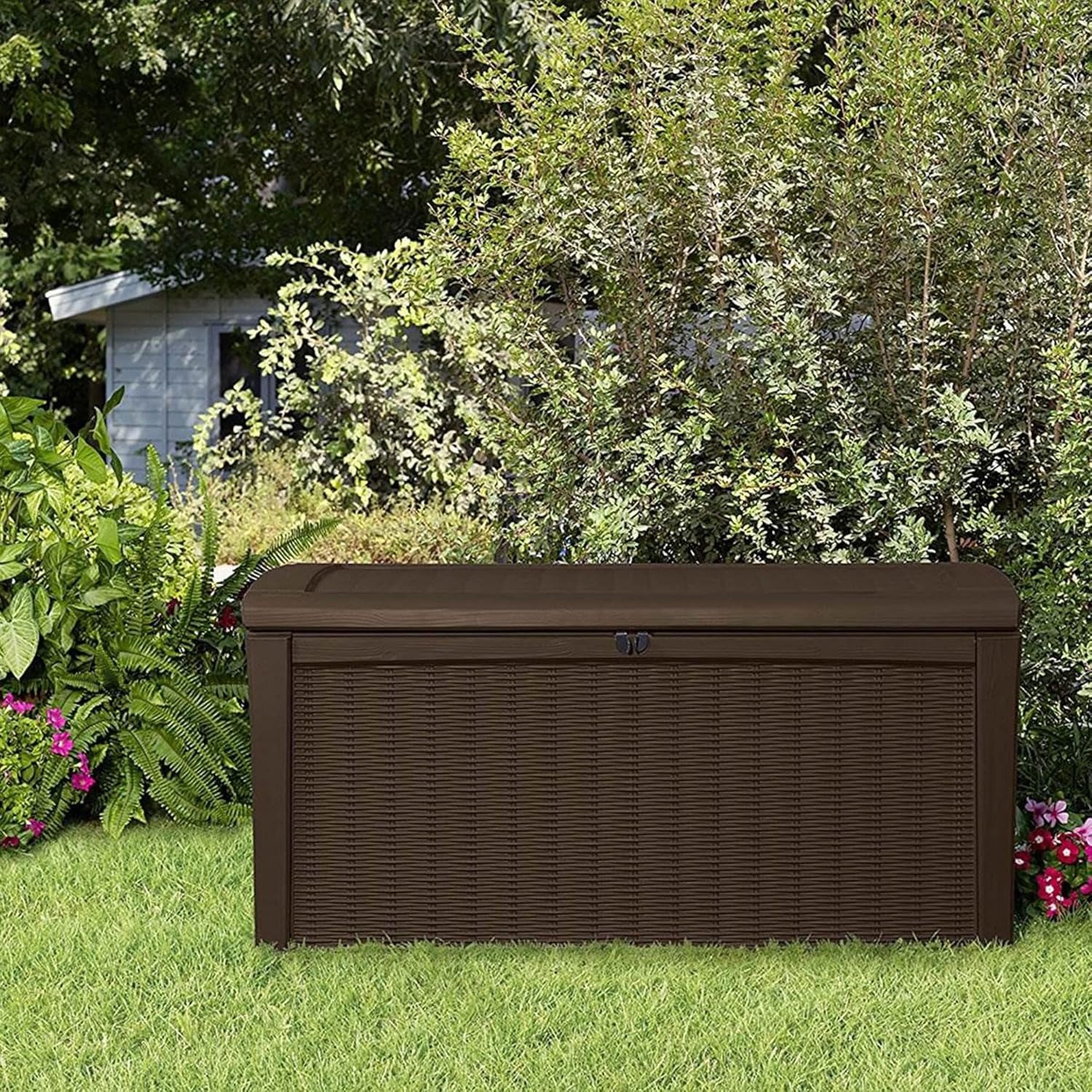 image:imageKeter Outdoor Storage Deck Box for Patio Backyard amp Garden Borneo 110 Gal Grey Lockable Organizing and Waterproof Plastic Container BenchBrown