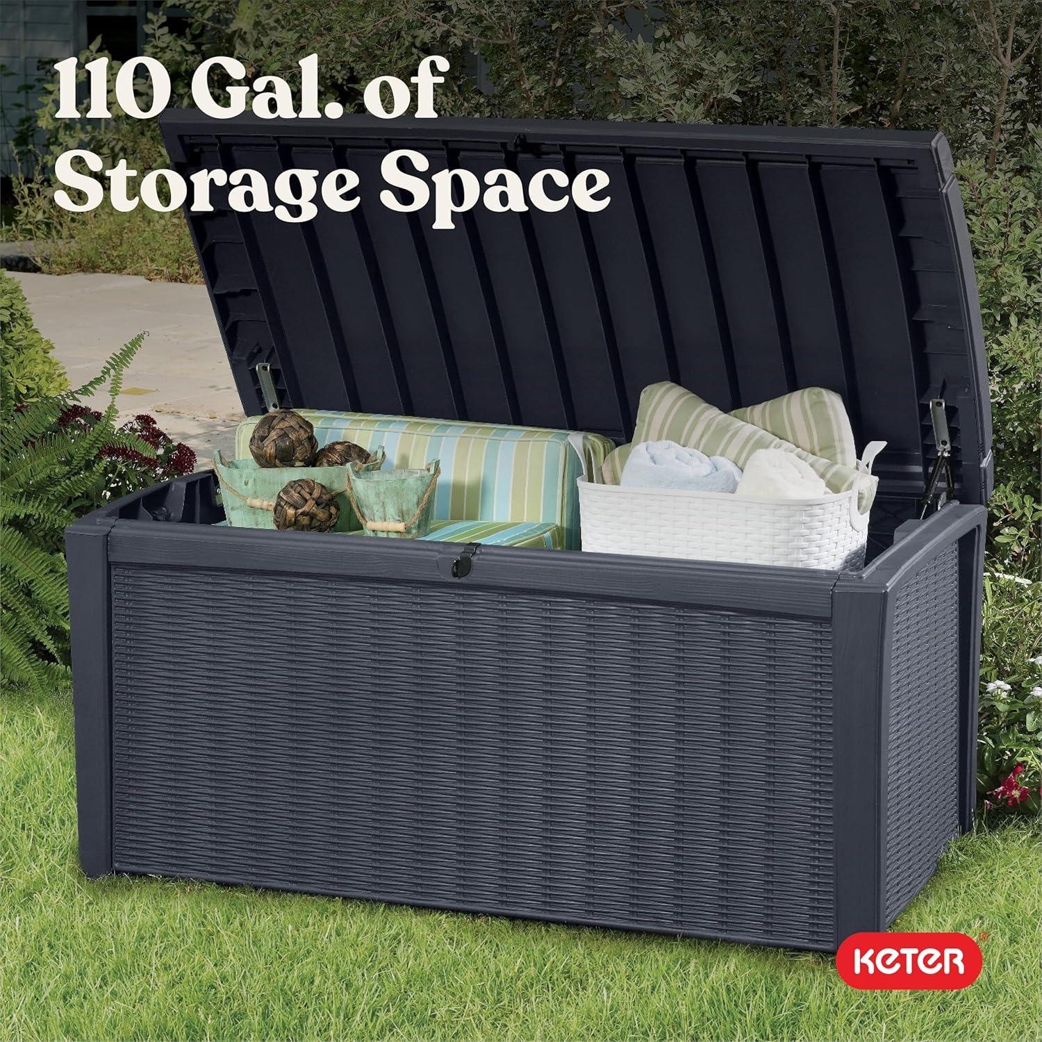 image:imageKeter Outdoor Storage Deck Box for Patio Backyard amp Garden Borneo 110 Gal Grey Lockable Organizing and Waterproof Plastic Container BenchGrey