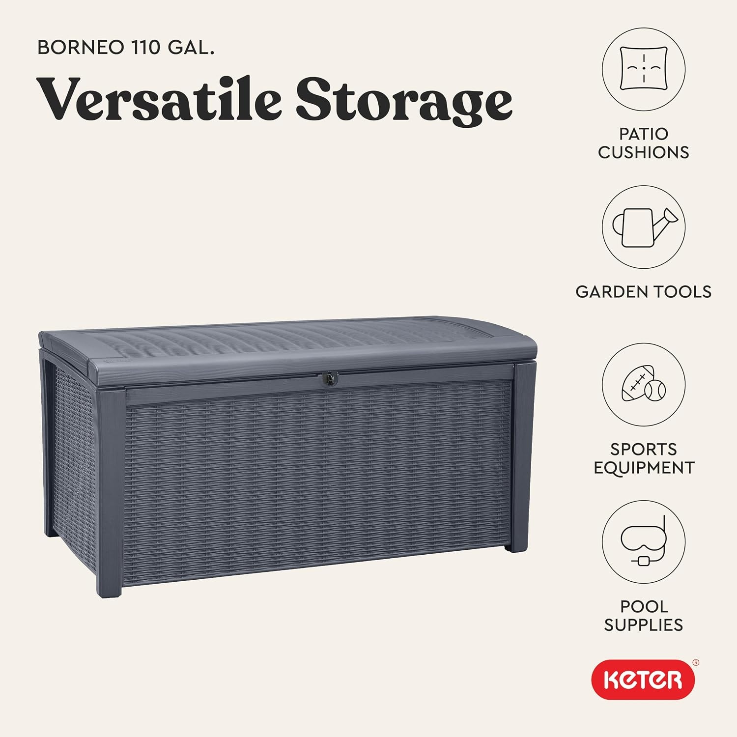 image:imageKeter Outdoor Storage Deck Box for Patio Backyard amp Garden Borneo 110 Gal Grey Lockable Organizing and Waterproof Plastic Container BenchGrey