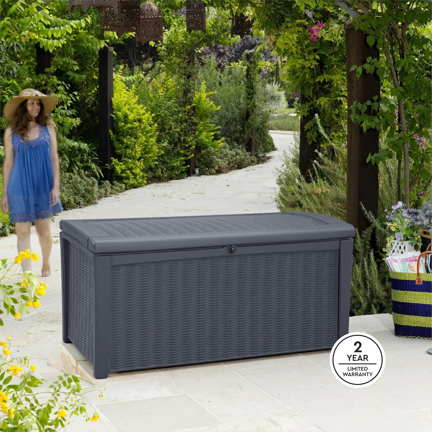 image:imageKeter Outdoor Storage Deck Box for Patio Backyard amp Garden Borneo 110 Gal Grey Lockable Organizing and Waterproof Plastic Container BenchGrey
