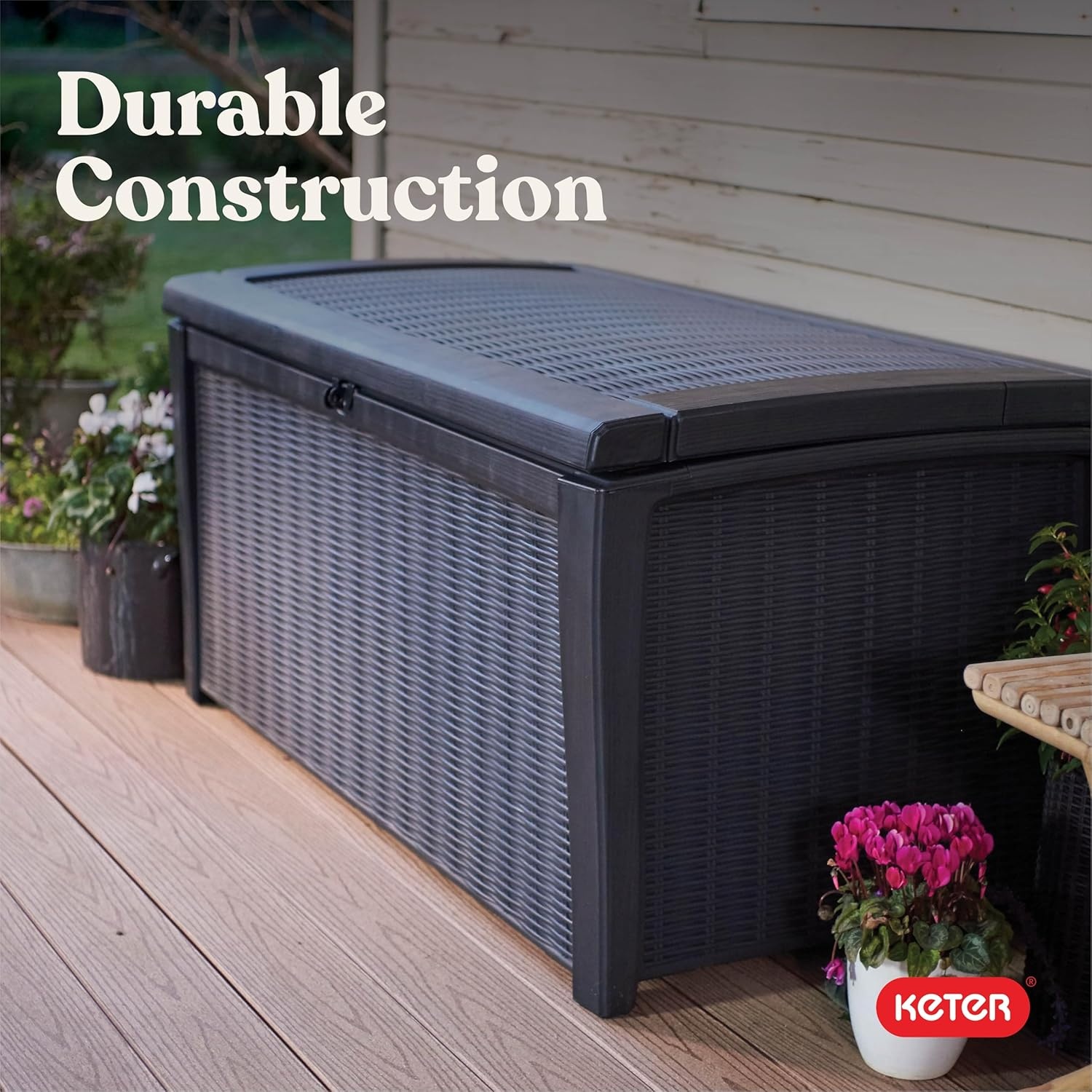 image:imageKeter Outdoor Storage Deck Box for Patio Backyard amp Garden Borneo 110 Gal Grey Lockable Organizing and Waterproof Plastic Container BenchGrey