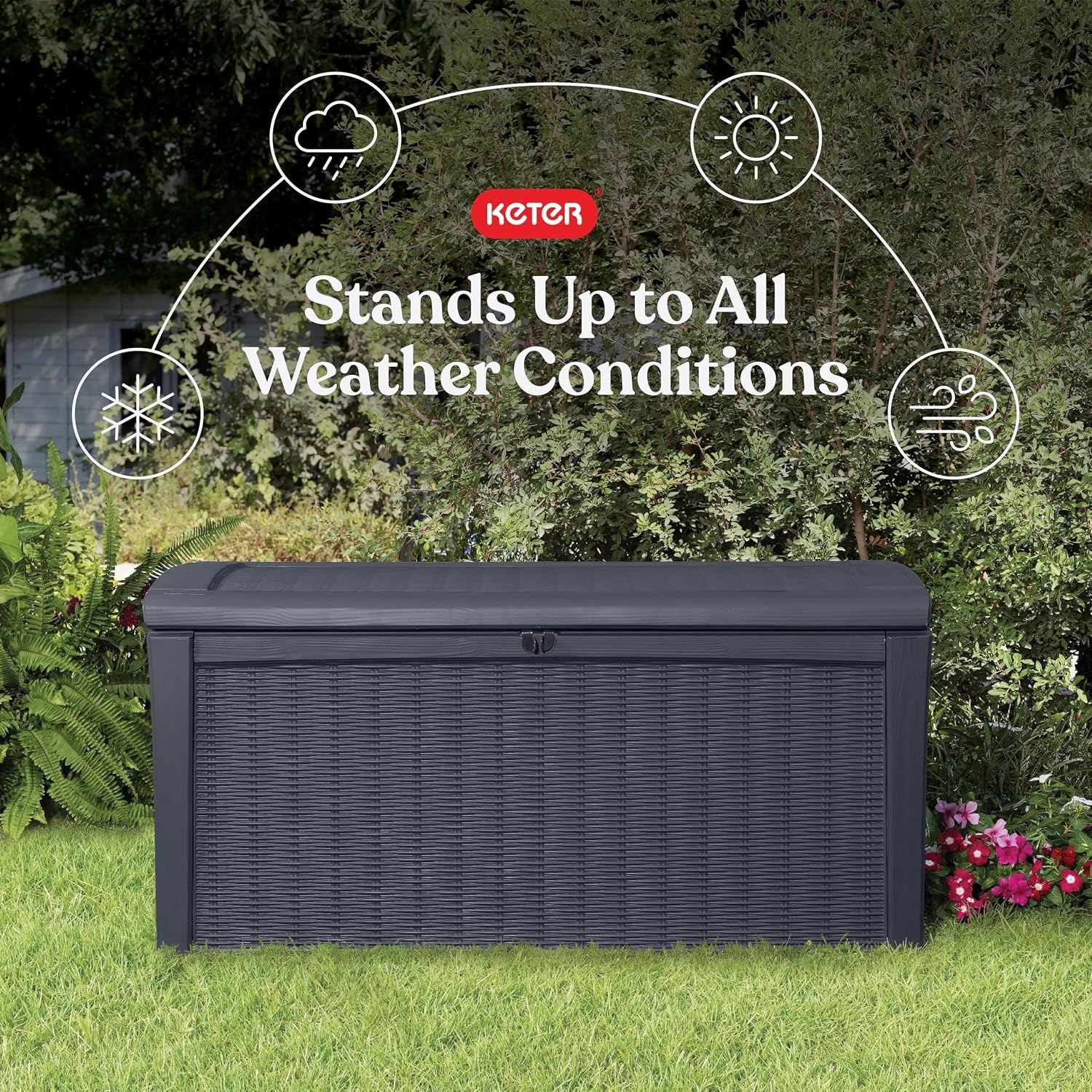image:imageKeter Outdoor Storage Deck Box for Patio Backyard amp Garden Borneo 110 Gal Grey Lockable Organizing and Waterproof Plastic Container BenchGrey