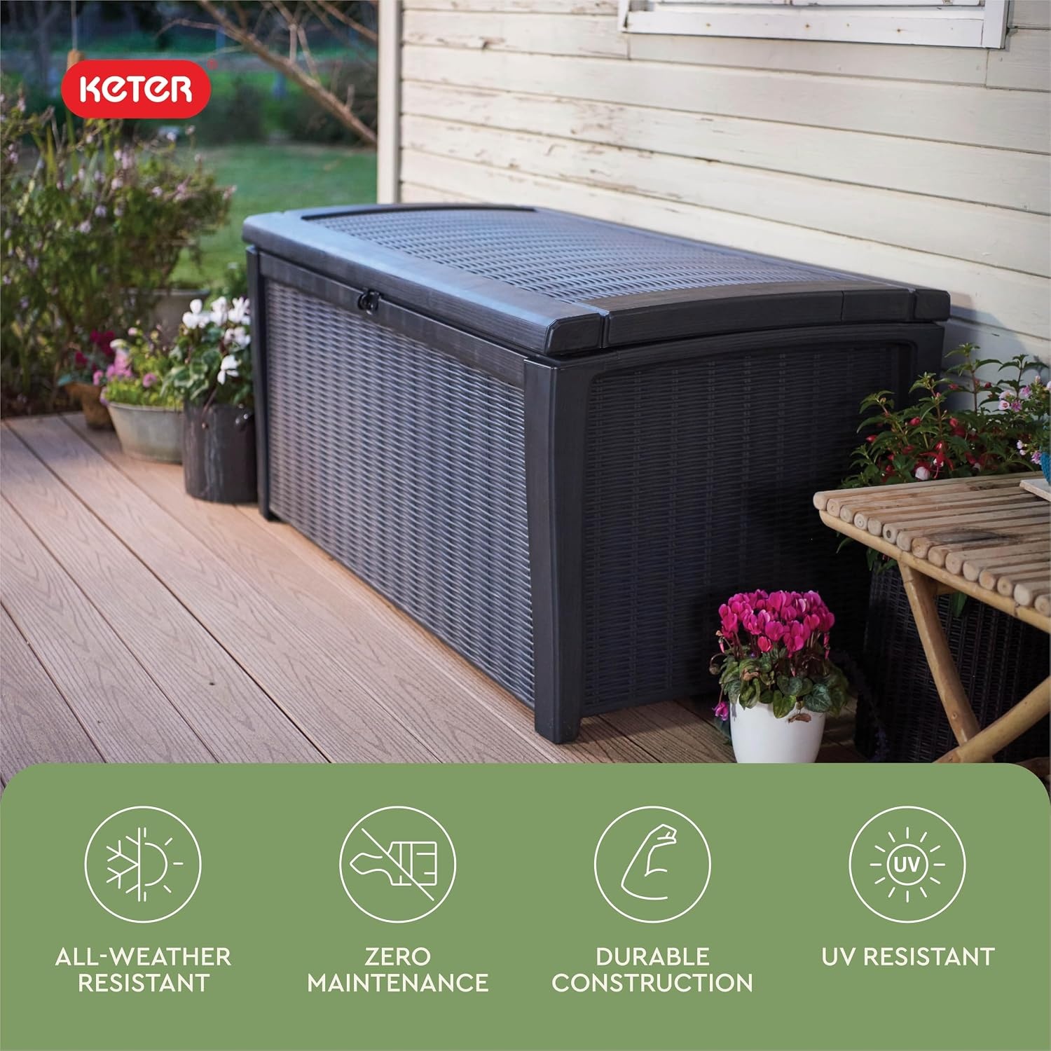 image:imageKeter Outdoor Storage Deck Box for Patio Backyard amp Garden Borneo 110 Gal Grey Lockable Organizing and Waterproof Plastic Container BenchGrey