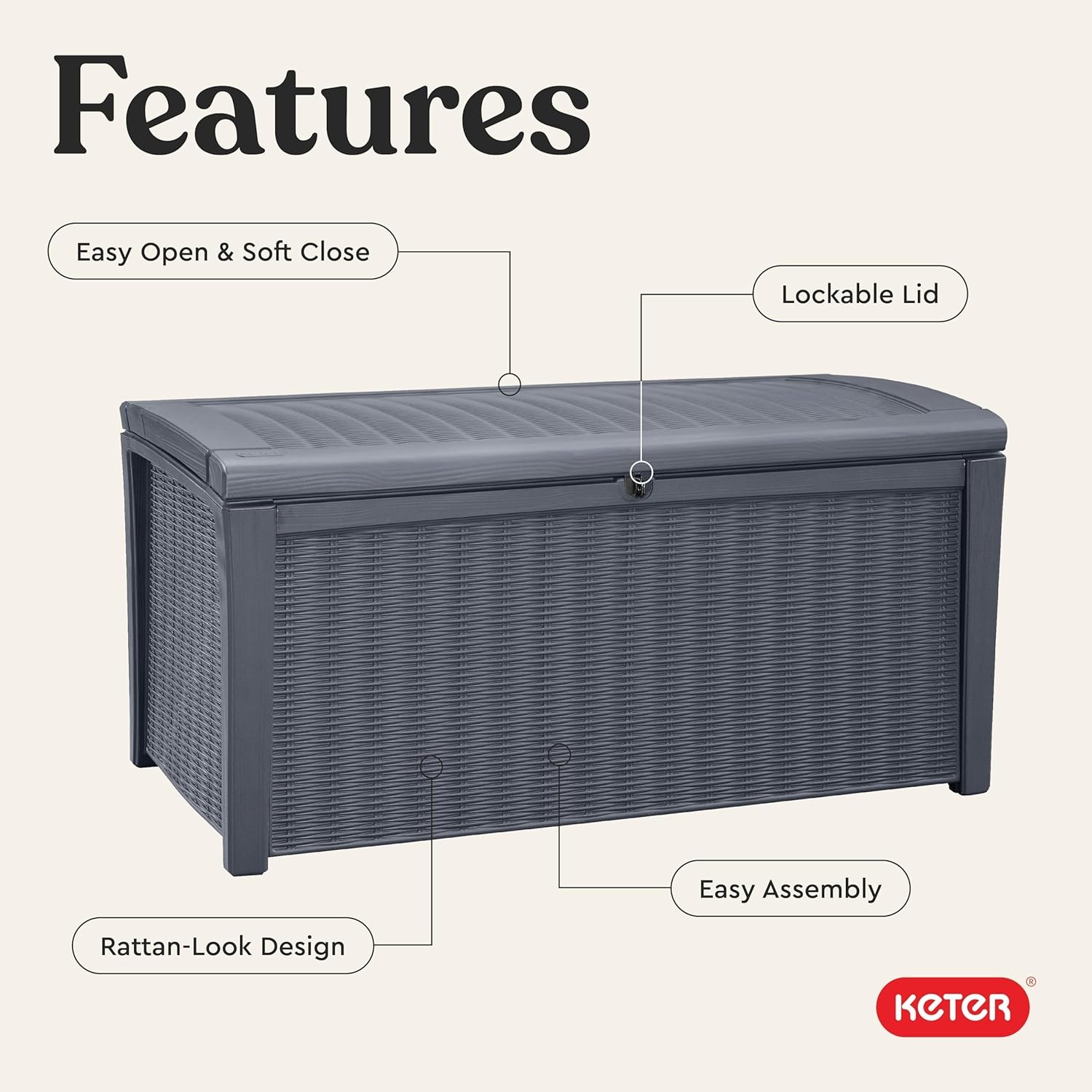 image:imageKeter Outdoor Storage Deck Box for Patio Backyard amp Garden Borneo 110 Gal Grey Lockable Organizing and Waterproof Plastic Container BenchGrey
