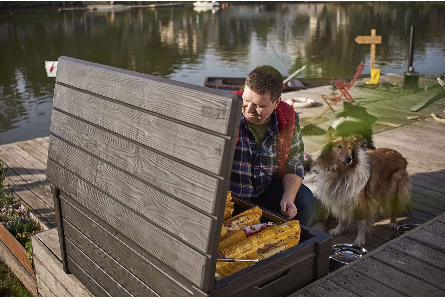 image:imageKeter Outdoor Storage Deck Box for Patio Backyard amp Garden Brightwood 120 Gal Brown Lockable Organizing and Waterproof Plastic Container Bench1