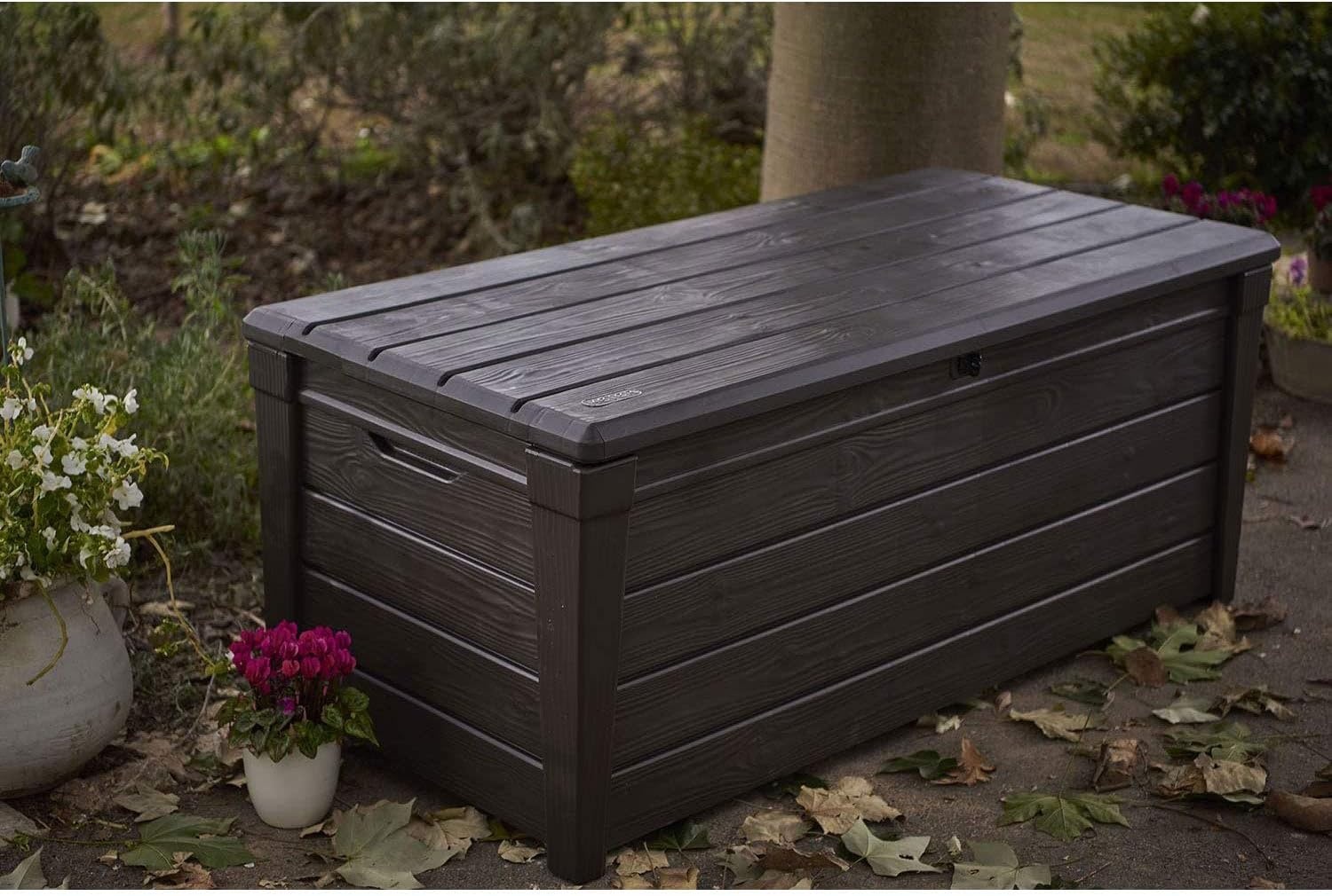 image:imageKeter Outdoor Storage Deck Box for Patio Backyard amp Garden Brightwood 120 Gal Brown Lockable Organizing and Waterproof Plastic Container Bench1