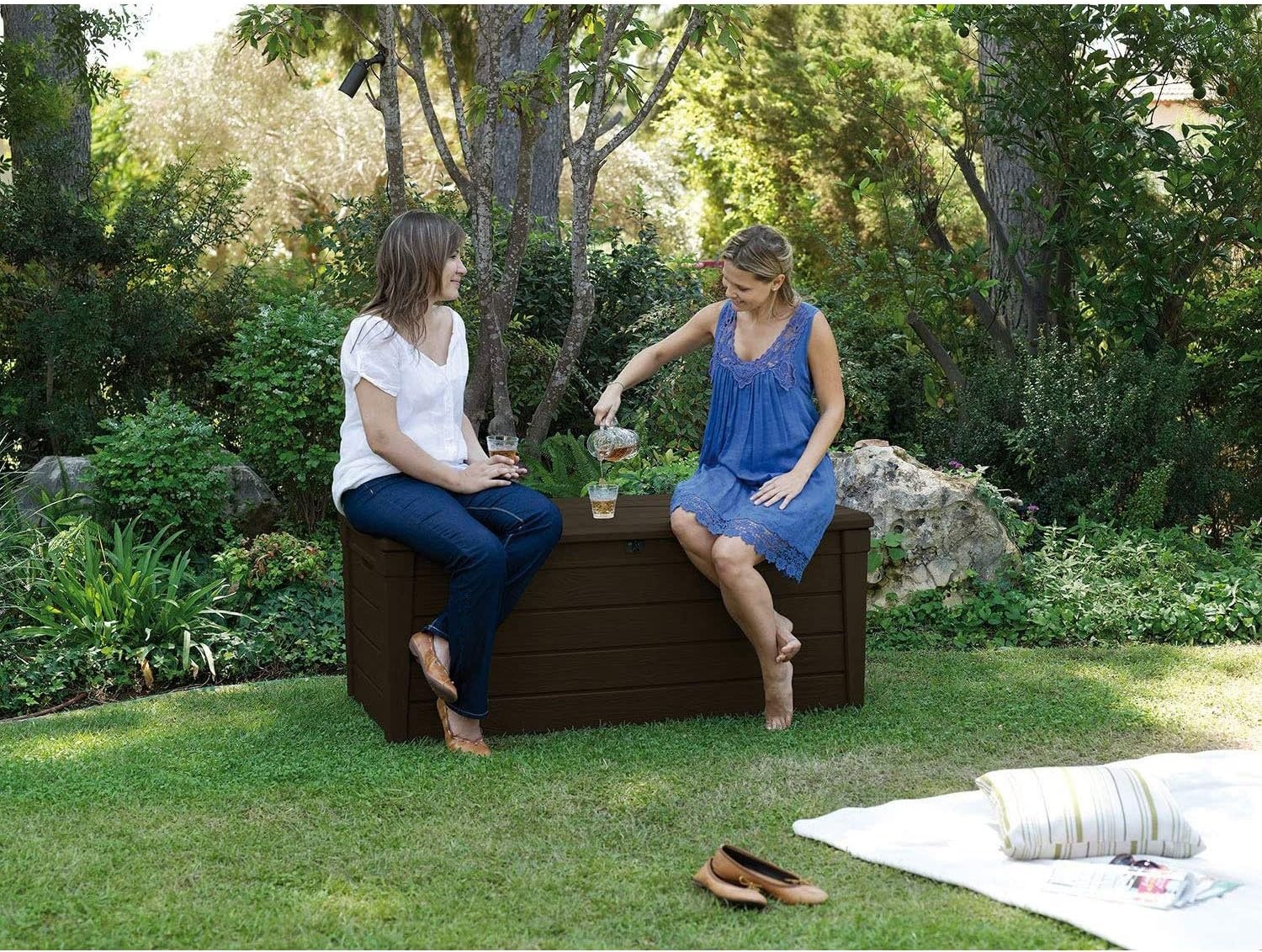image:imageKeter Outdoor Storage Deck Box for Patio Backyard amp Garden Brightwood 120 Gal Brown Lockable Organizing and Waterproof Plastic Container Bench1