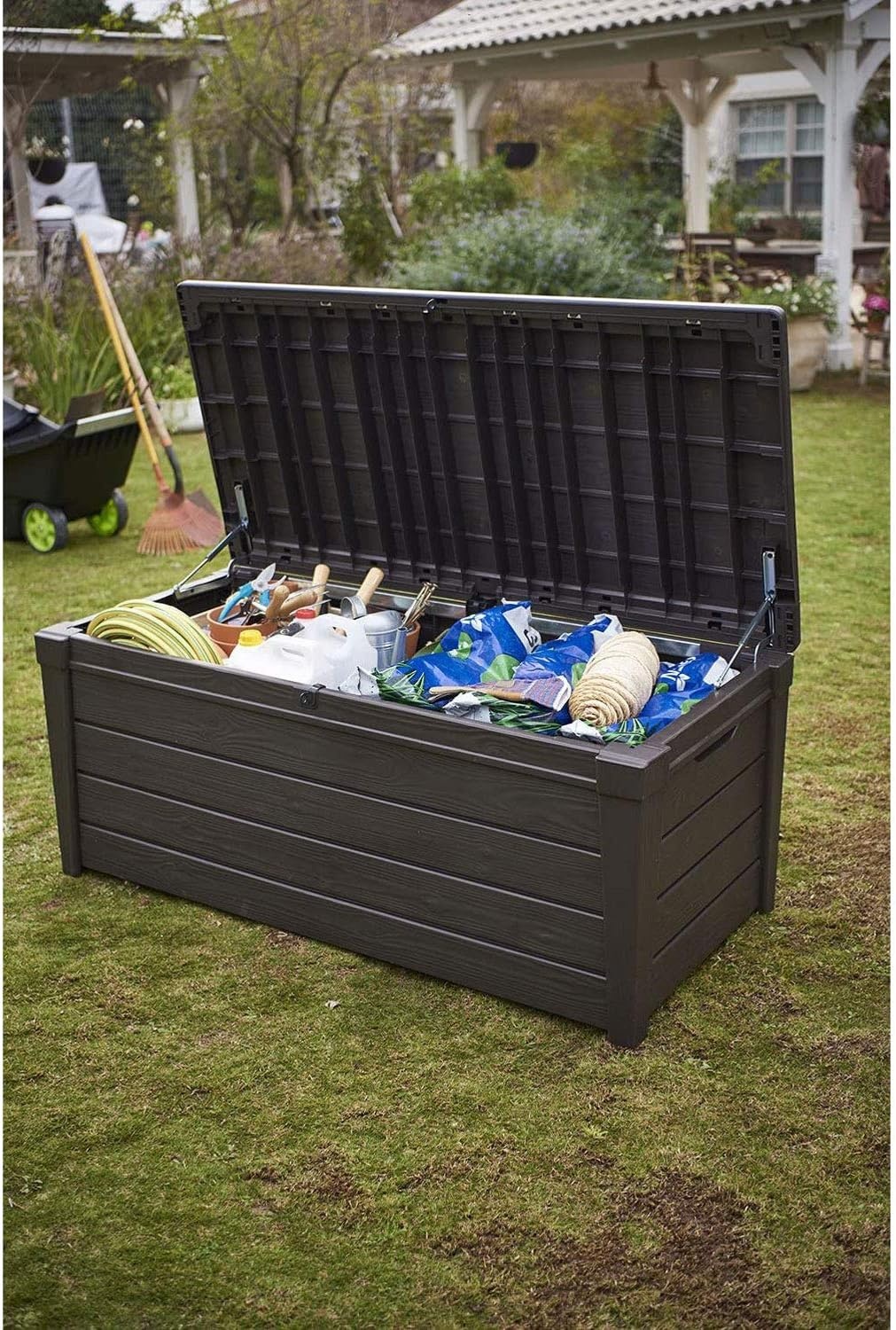 image:imageKeter Outdoor Storage Deck Box for Patio Backyard amp Garden Brightwood 120 Gal Brown Lockable Organizing and Waterproof Plastic Container Bench1